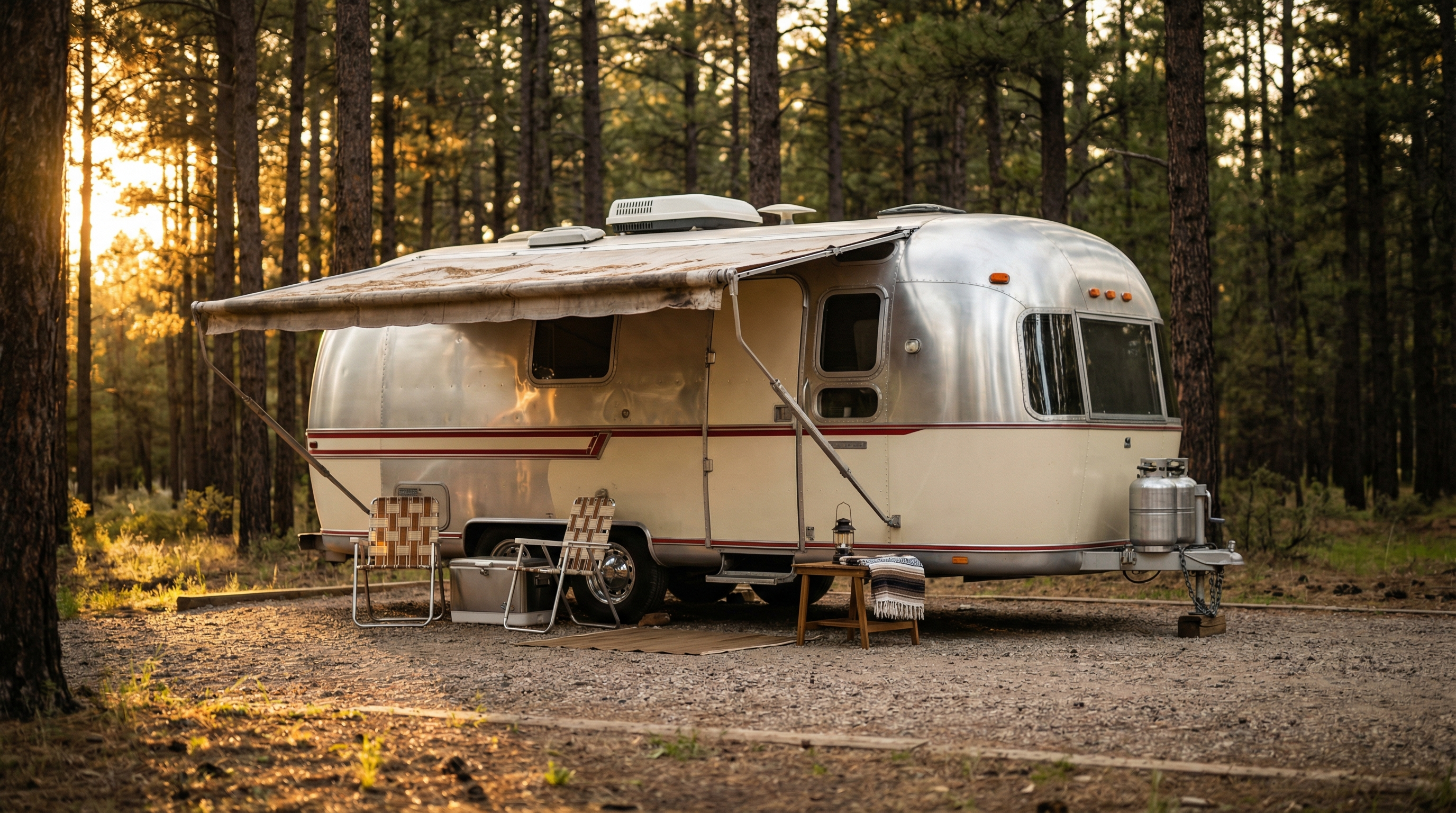 Restored vintage travel trailer at a campsite
