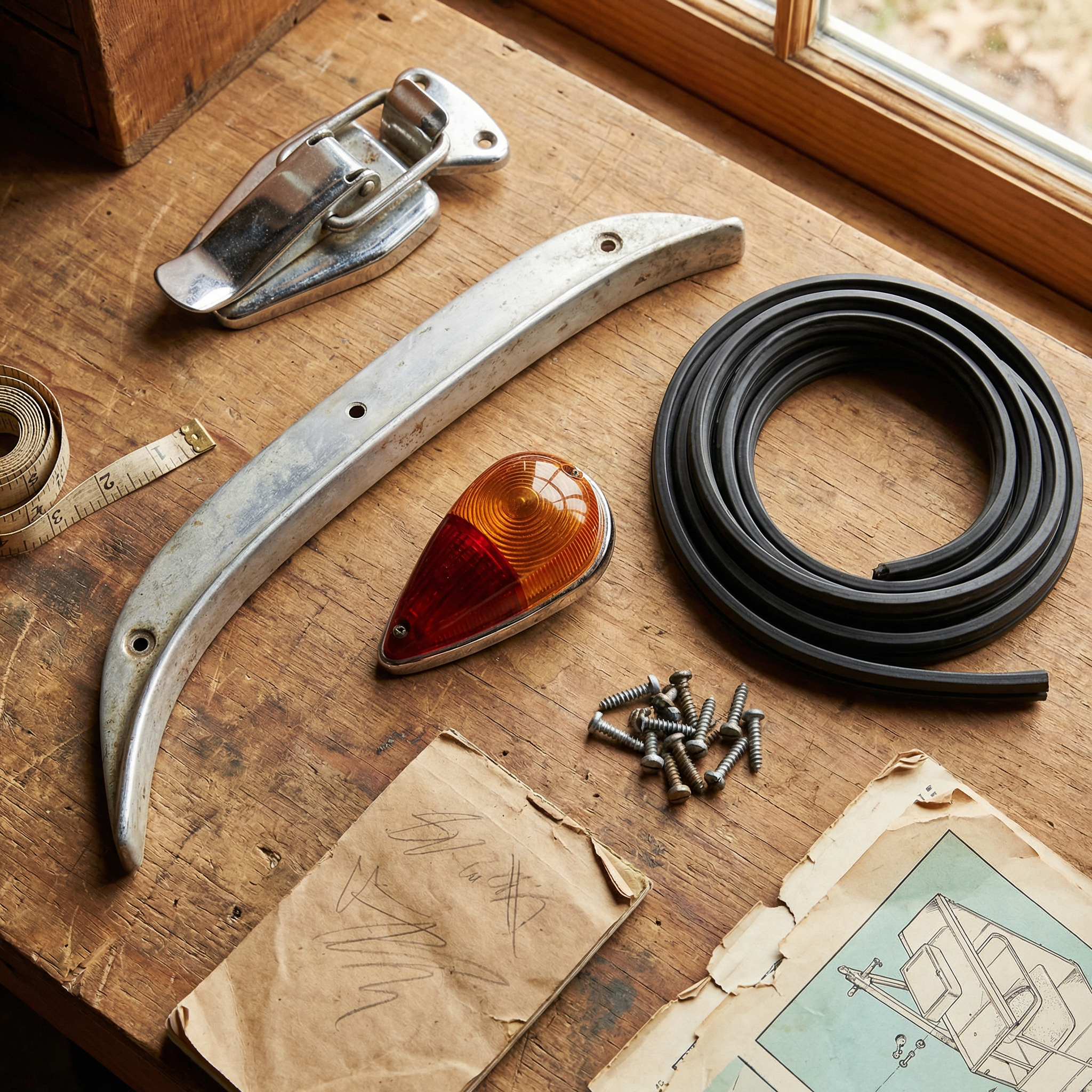 Vintage trailer parts laid out on a workbench