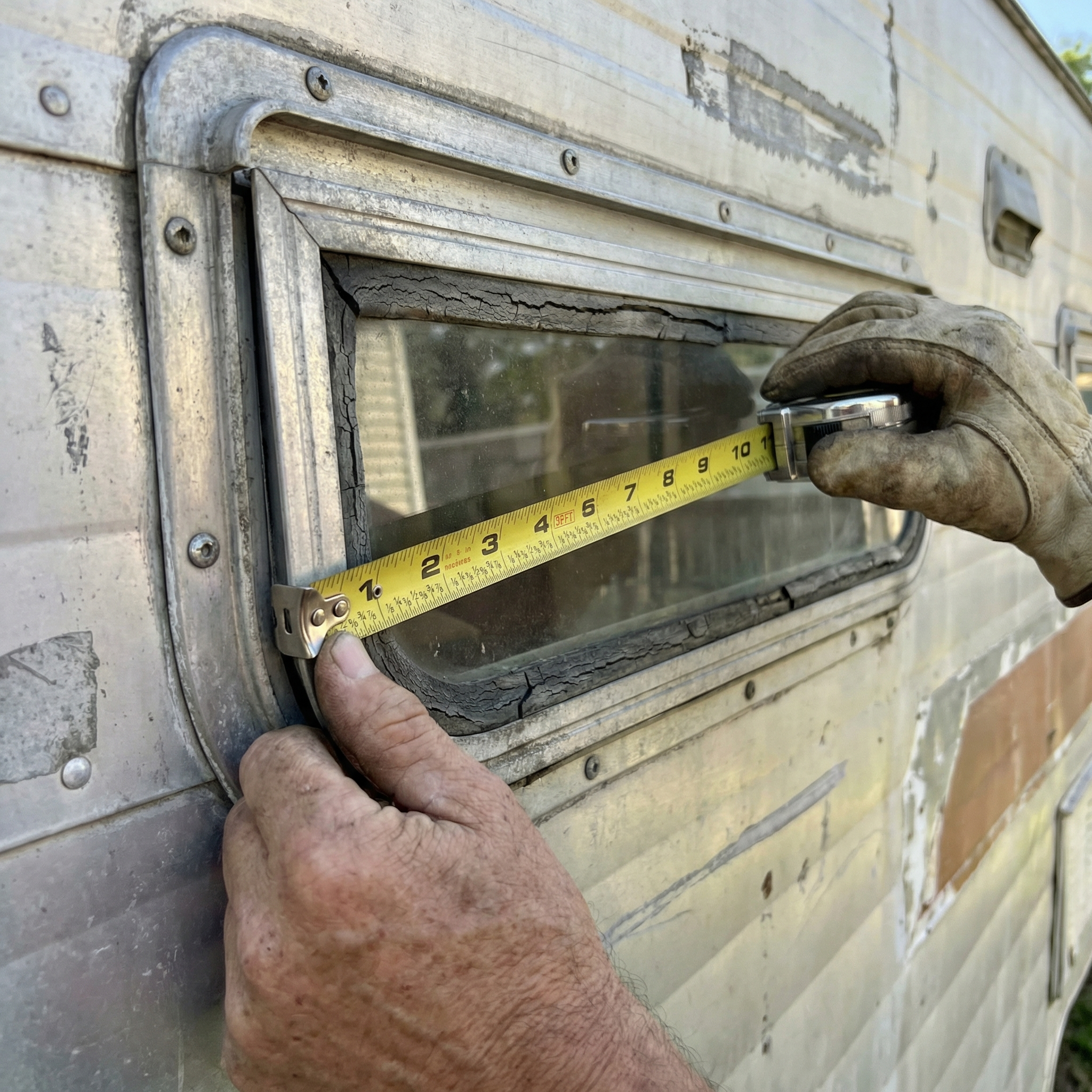 Measuring a vintage trailer window frame with a tape measure