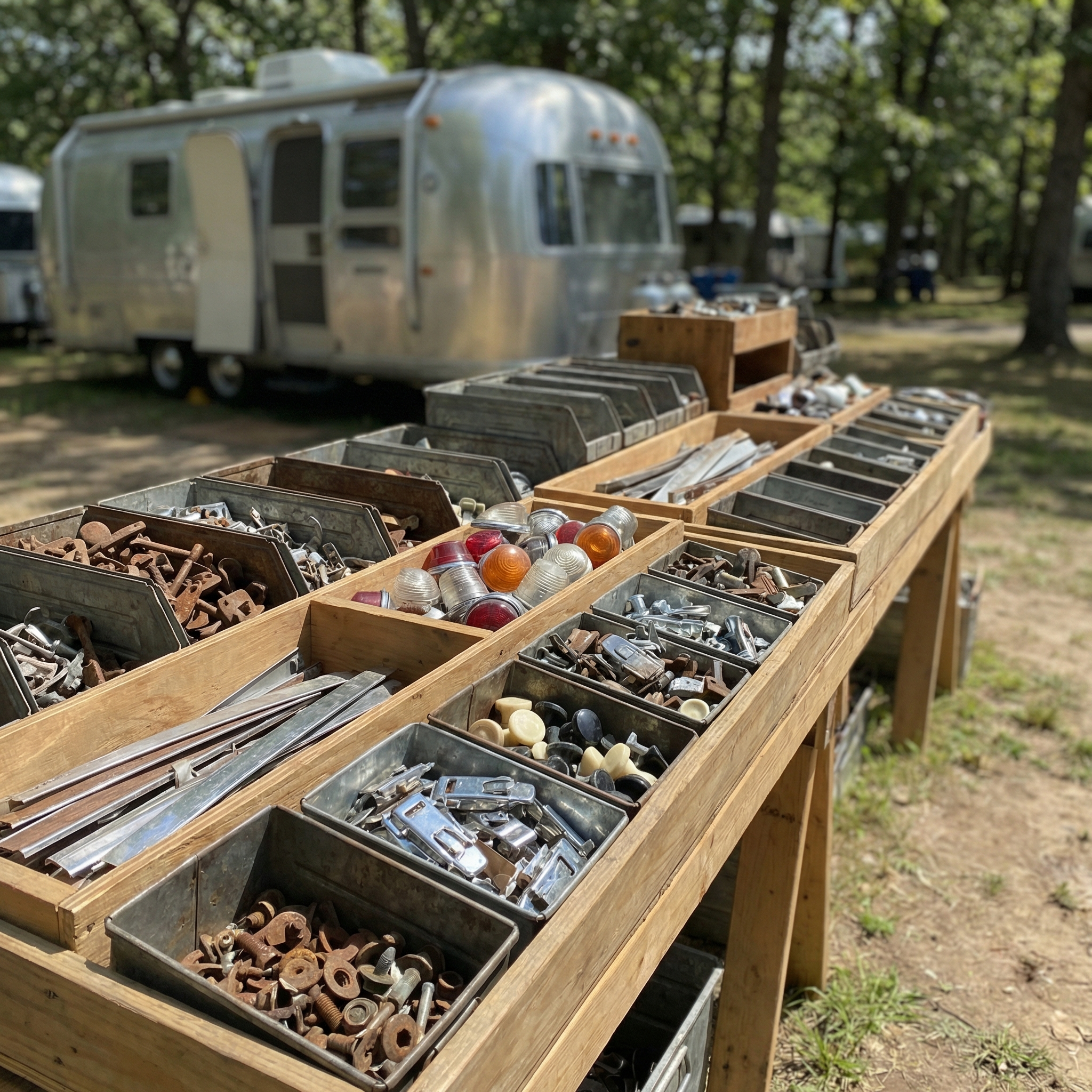 Swap meet table with vintage parts and bins