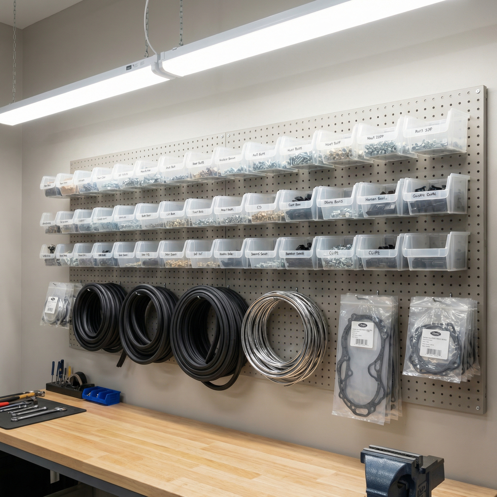 Organized restoration shop parts wall
