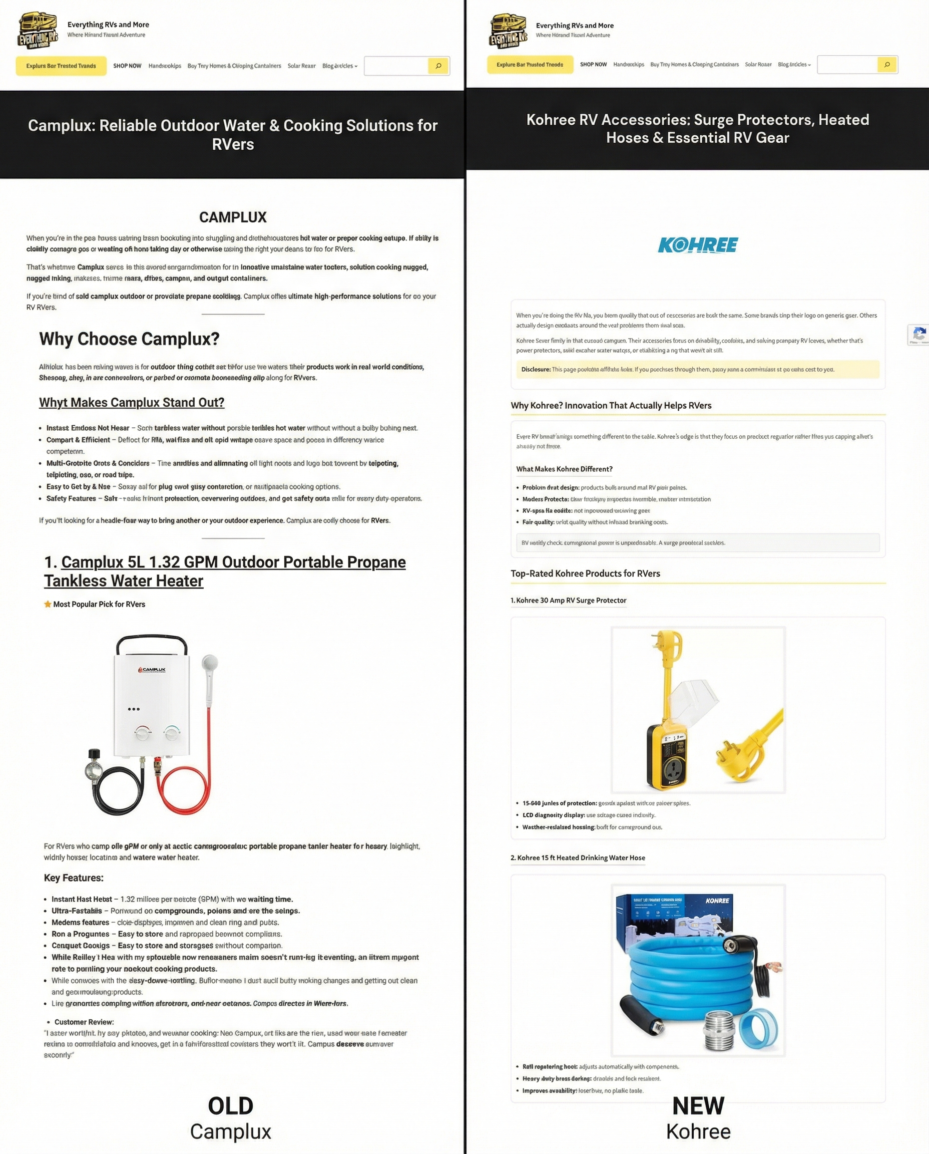 Old vs new brand page layout comparison screenshot