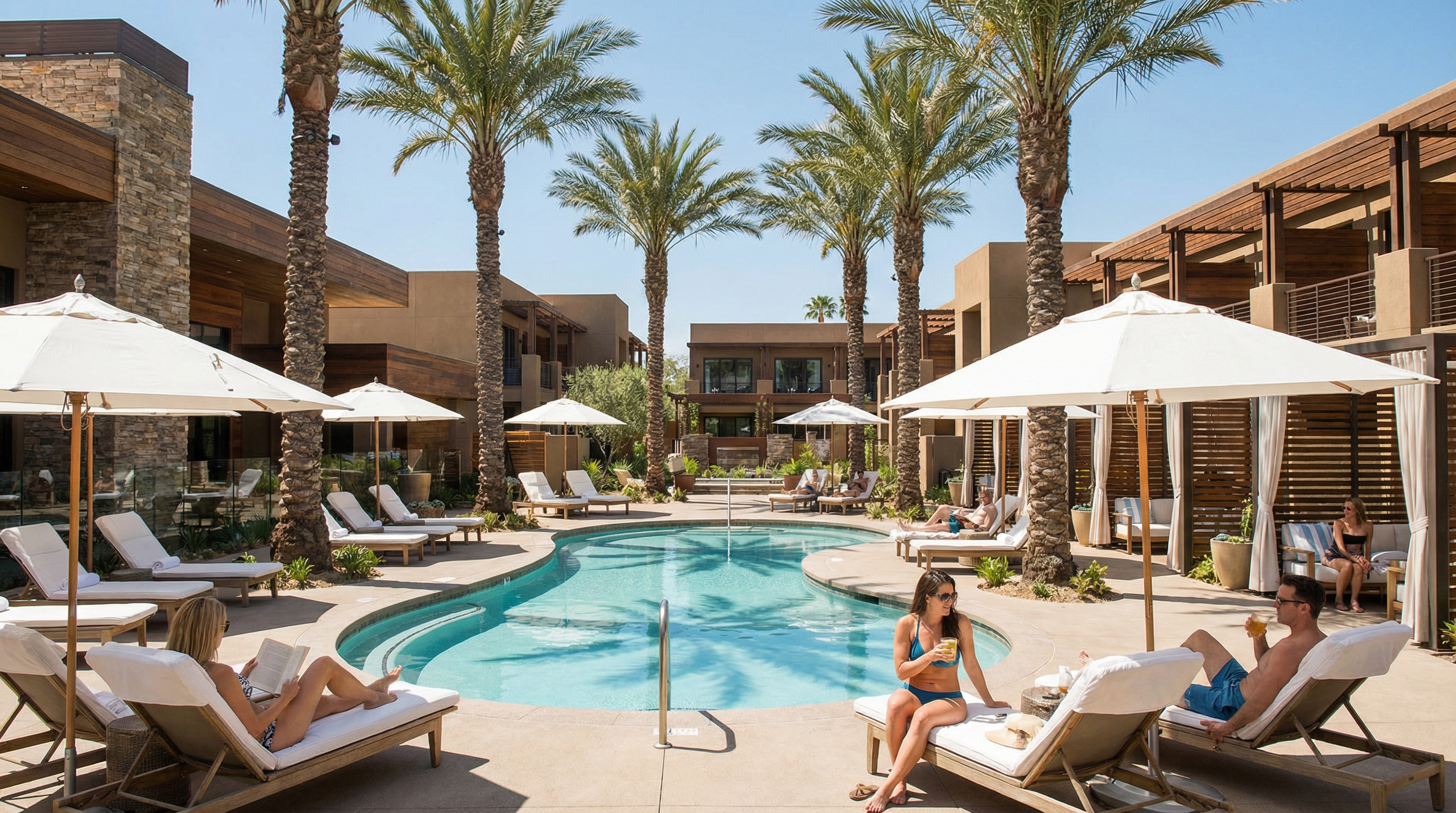 US spring break resort scene with palm trees and calm upscale poolside energy