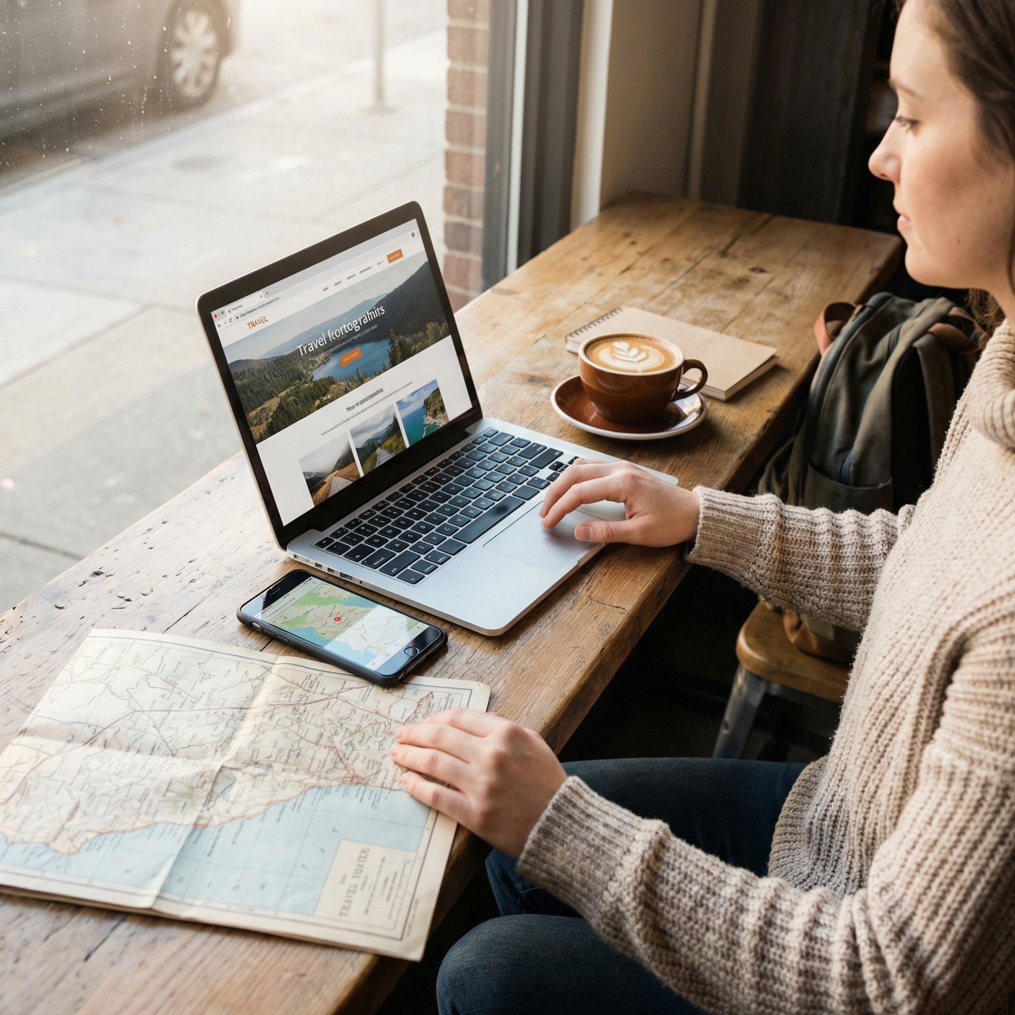 Travel planning scene with laptop, phone, map, and coffee on a table
