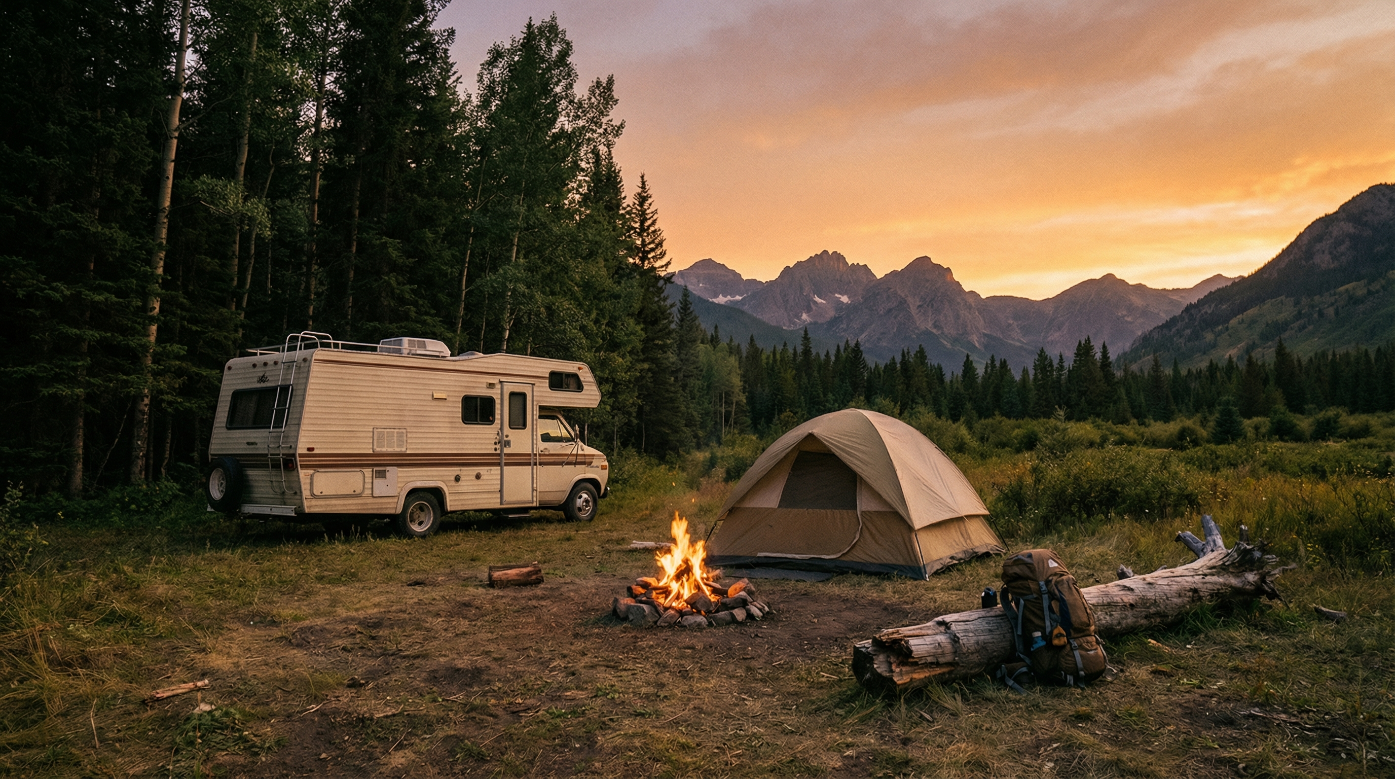 Outdoor adventure scene representing camping, hiking, hunting and survival preparedness