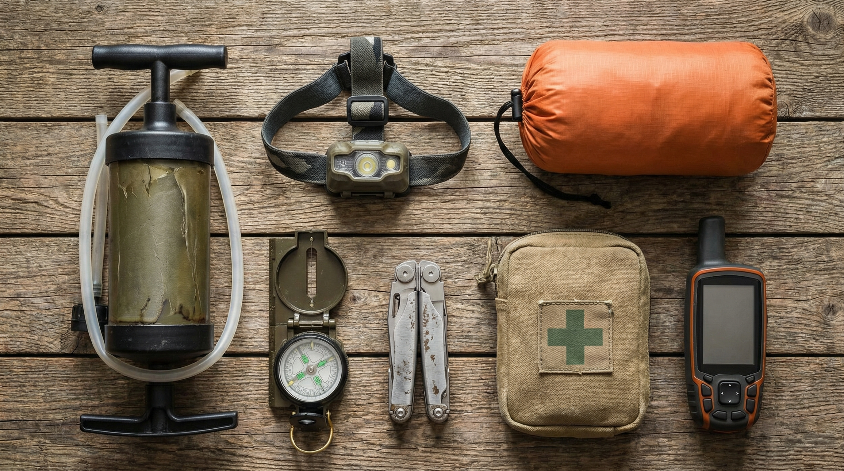 Survival essentials flat lay representing emergency preparedness gear