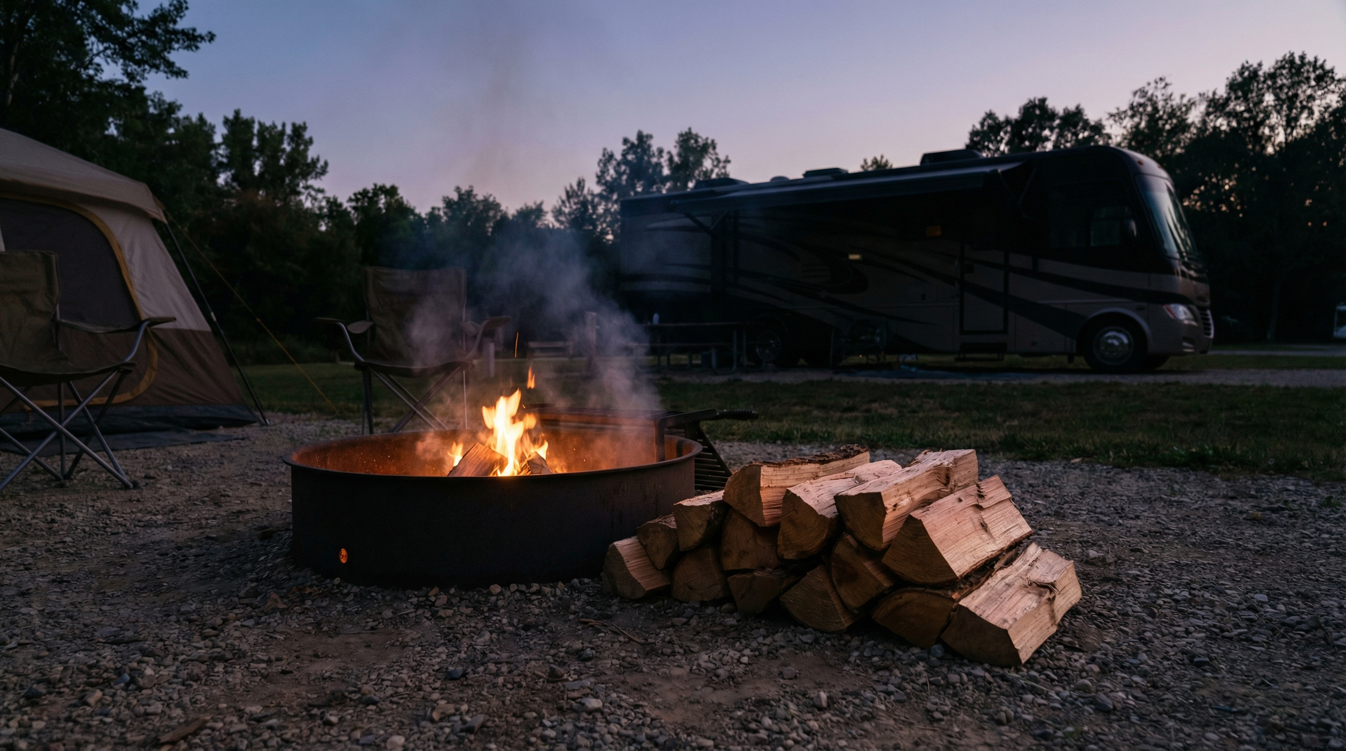 Campfire scene with stacked firewood representing efficient wood burning
