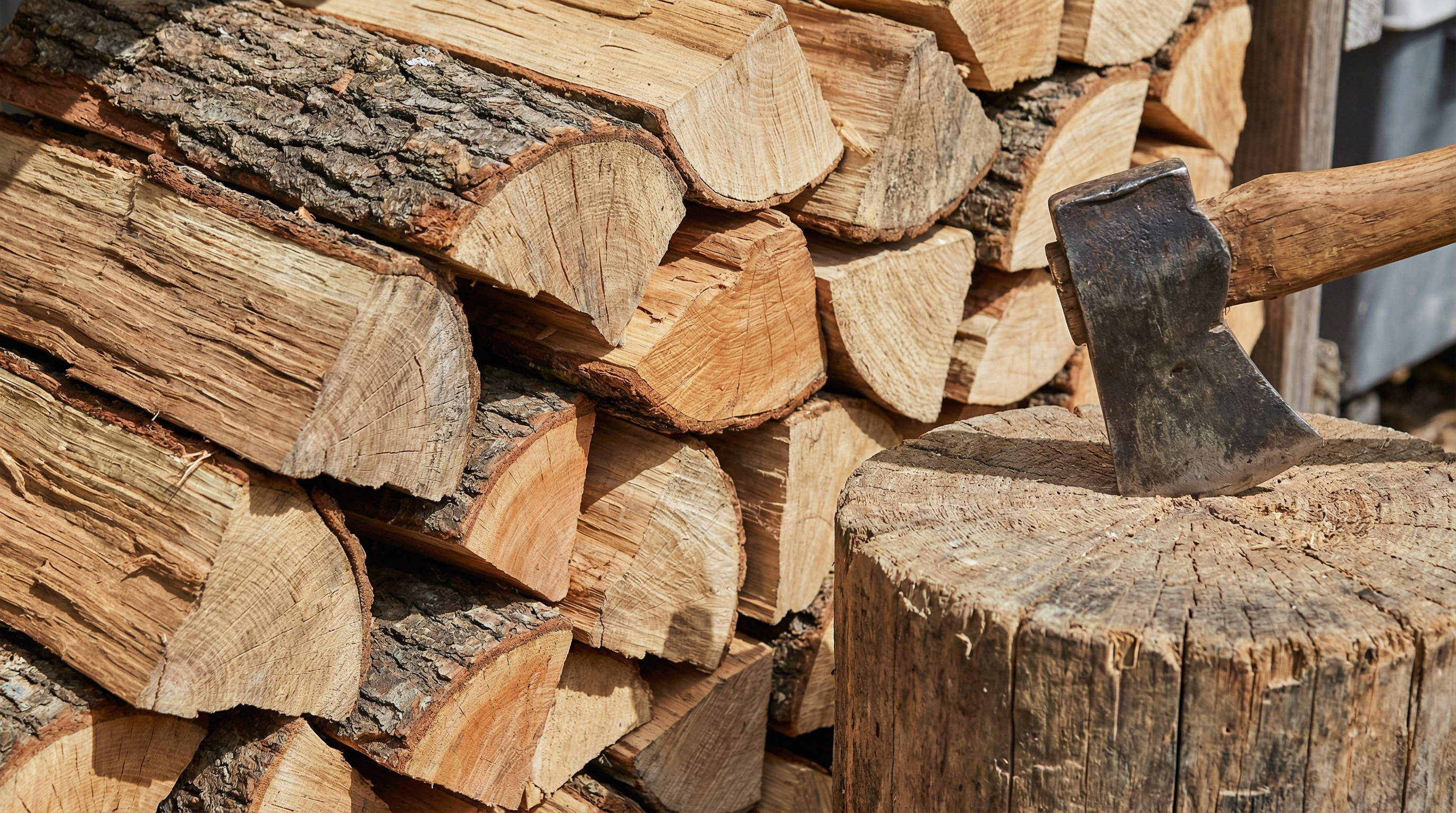Stacked split hardwood firewood showing grain textures and density