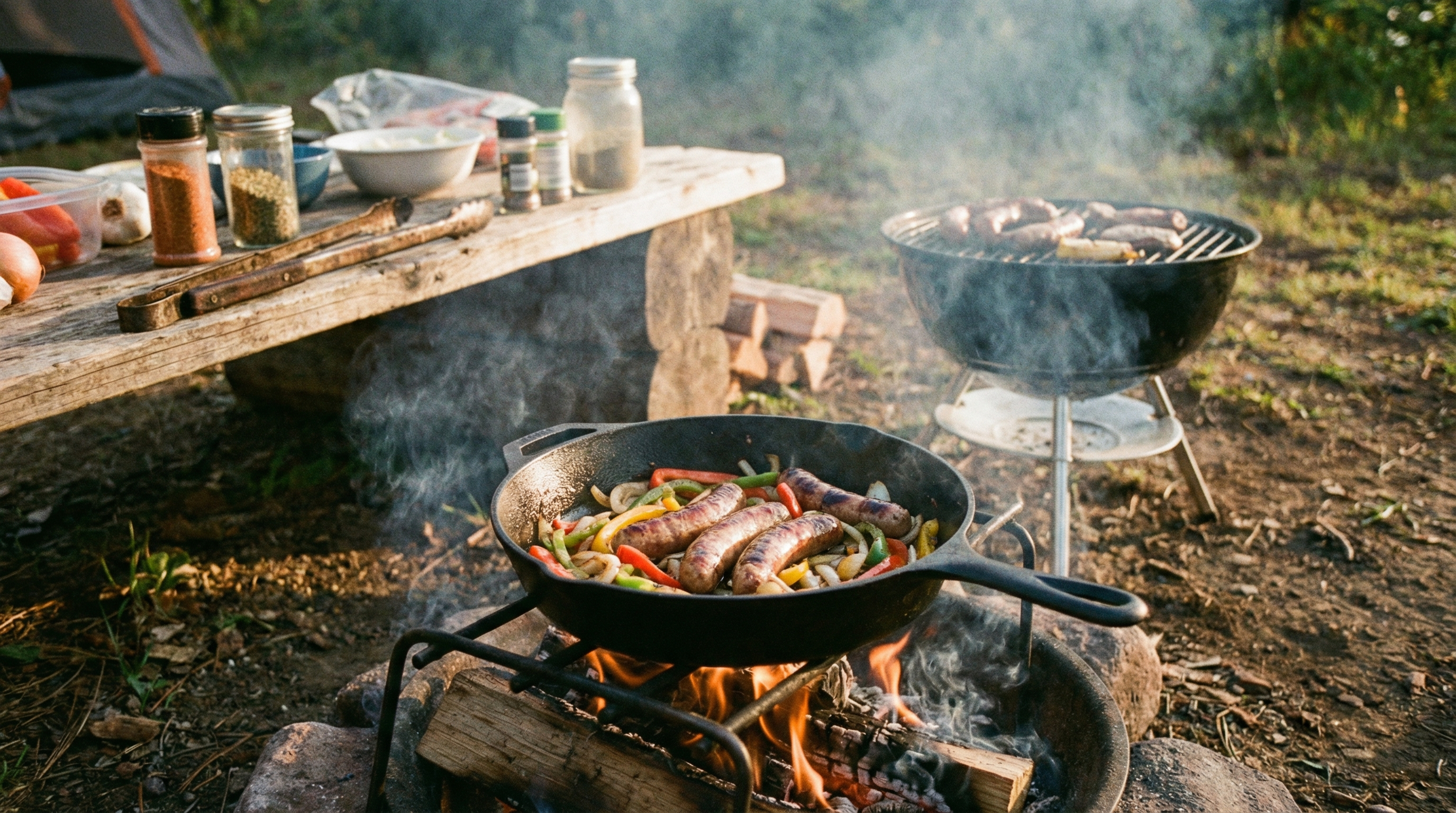 Outdoor cooking scene with firewood and campfire cooking setup