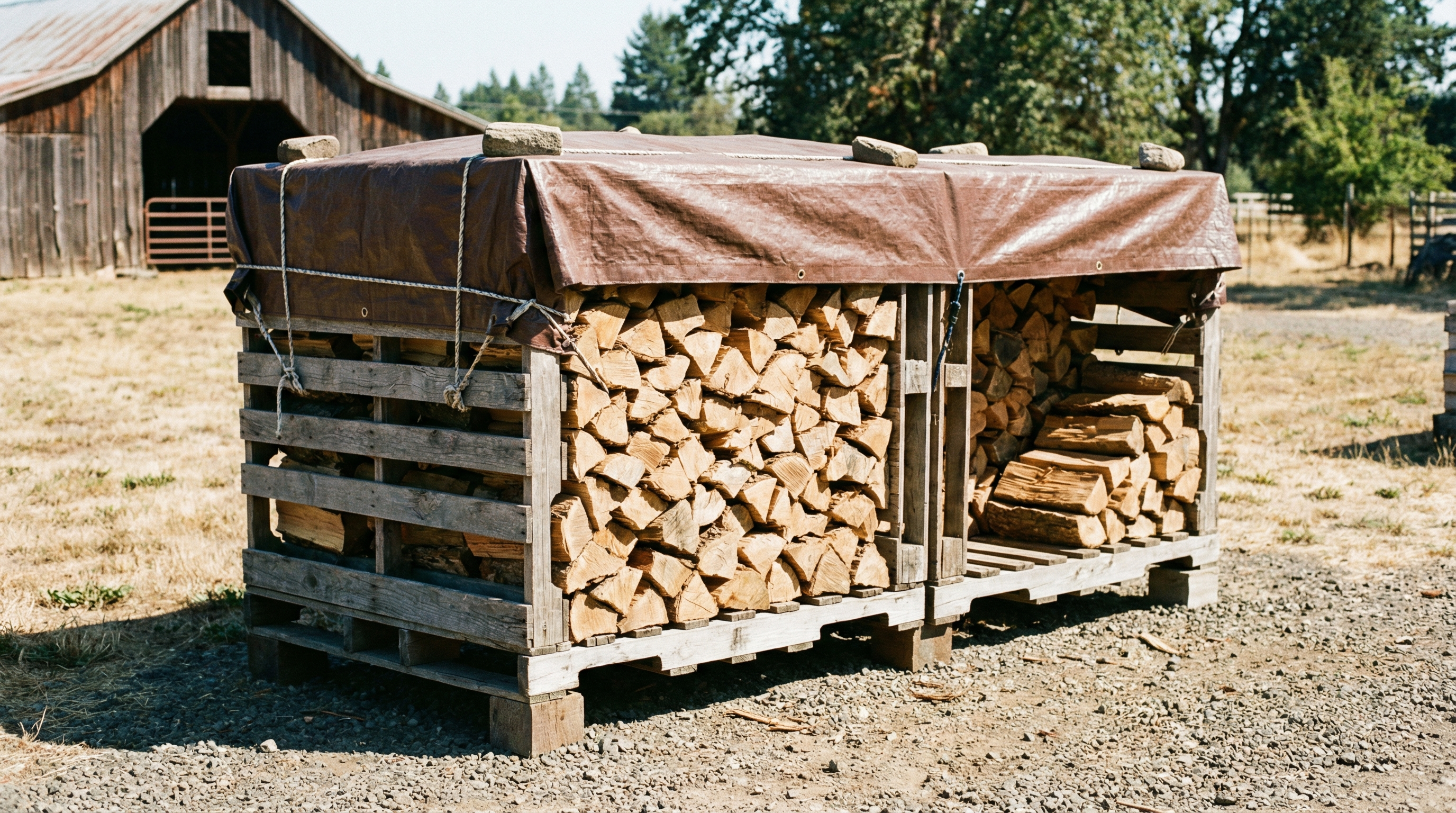 Firewood stacked off the ground with airflow and top cover for proper seasoning