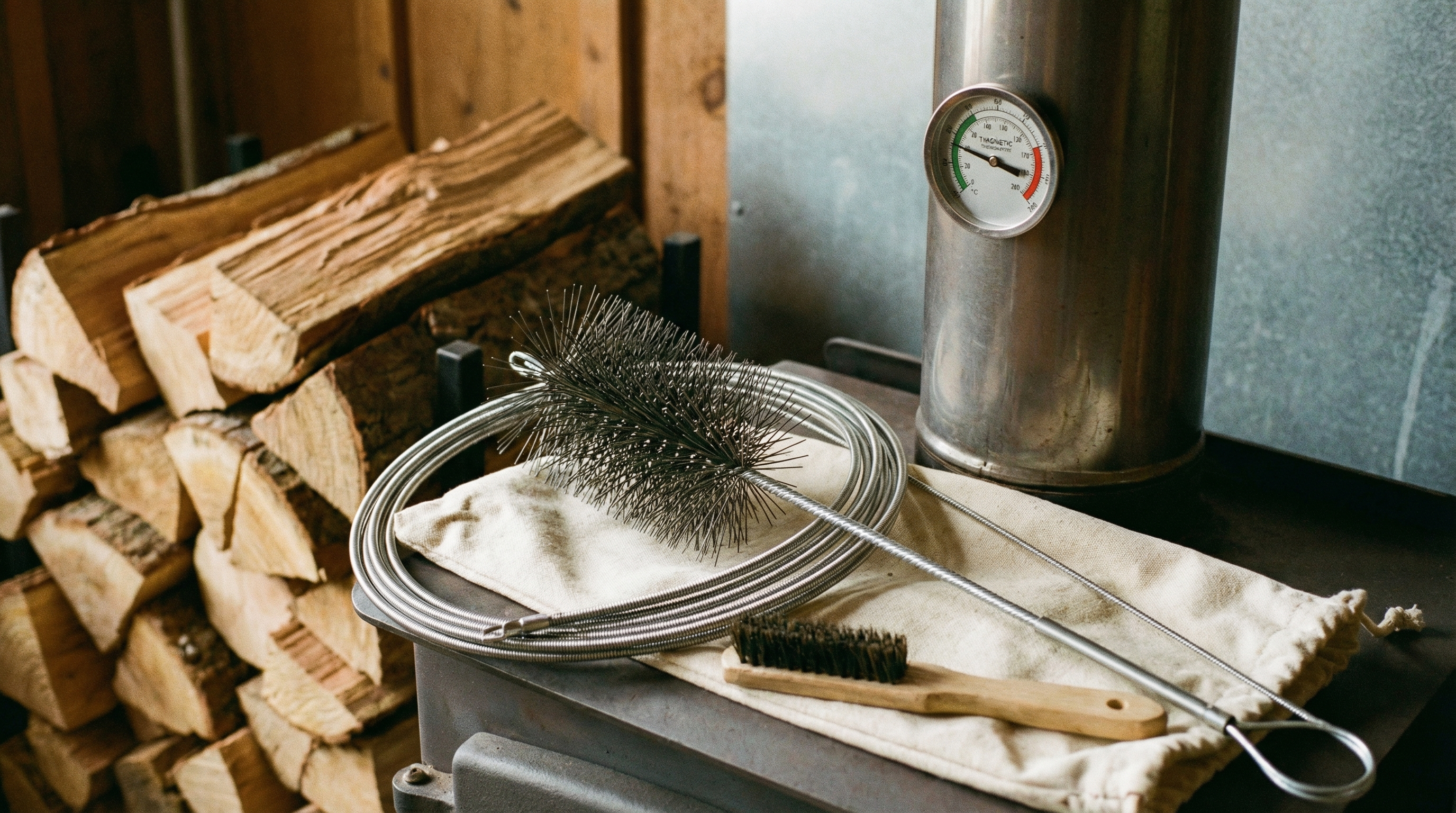 Fire safety and chimney maintenance tools representing cleaner burning practices