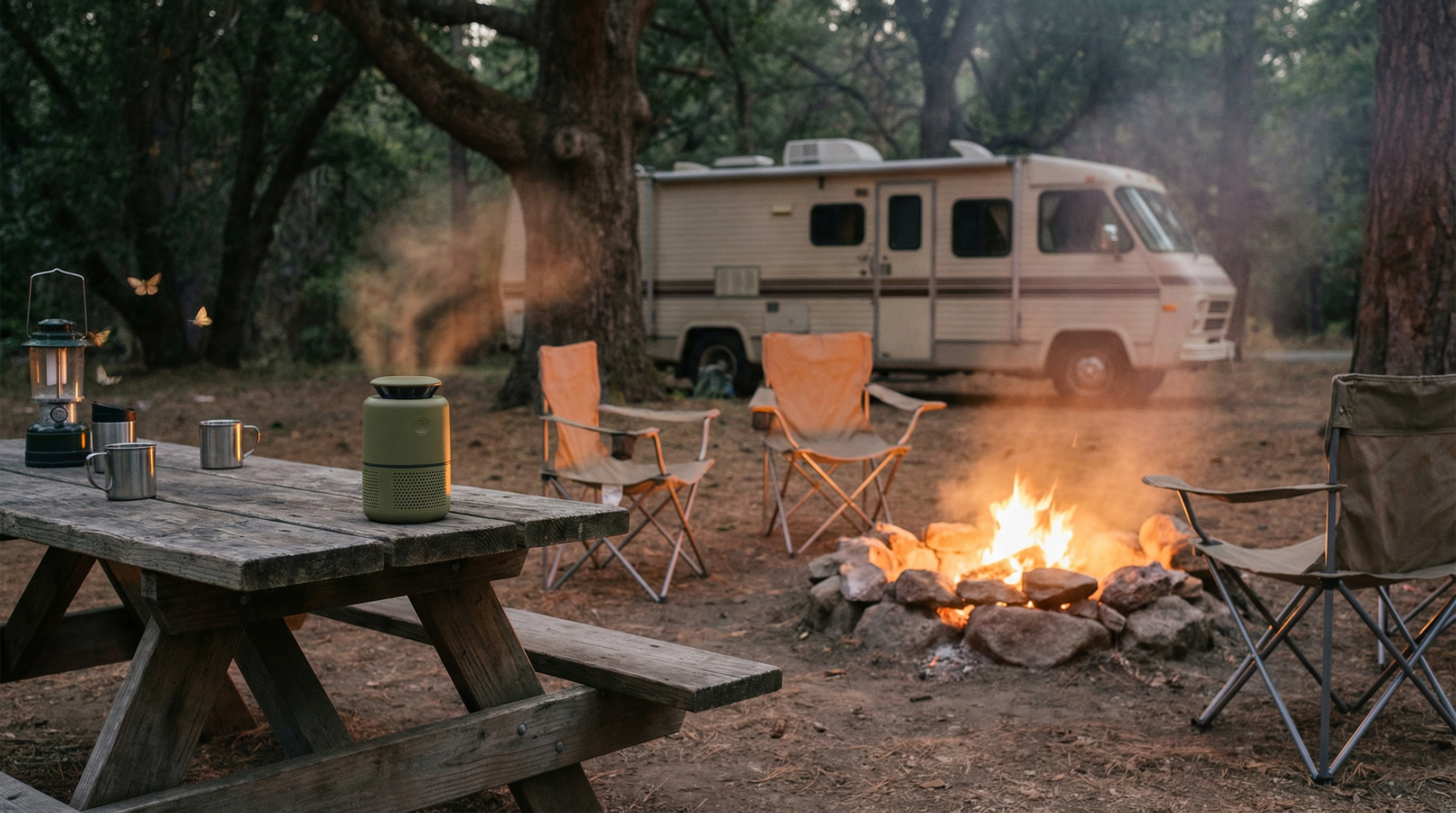 Campsite evening scene showing mosquito-free outdoor setup with a repeller device