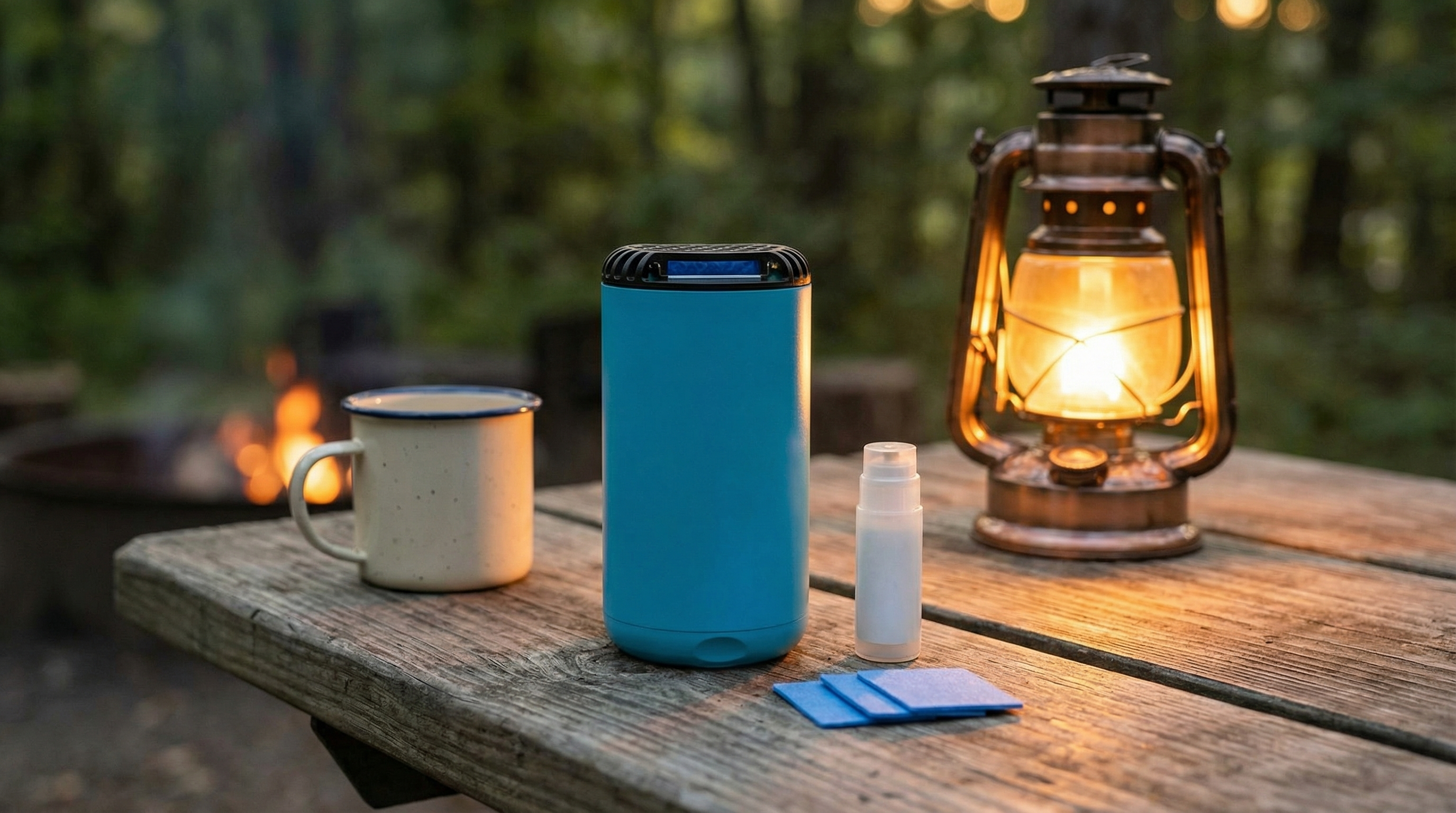 Thermacell-style tabletop repeller sitting on a campsite table during evening use