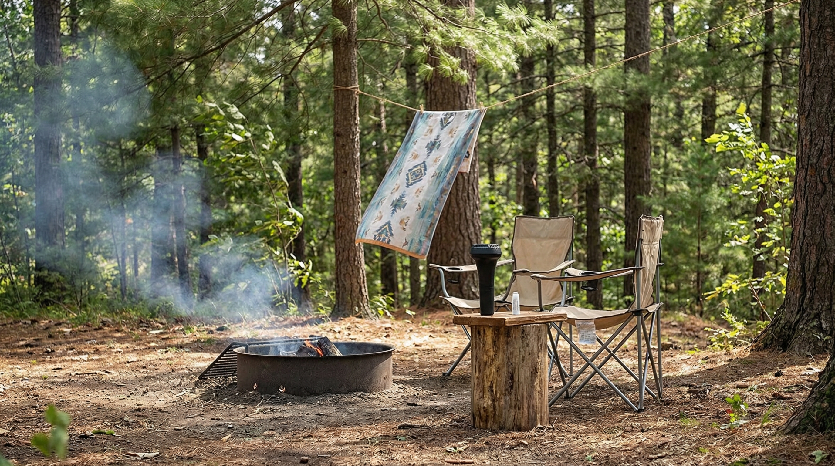 Outdoor campsite scene demonstrating wind and environmental conditions affecting a repellent zone