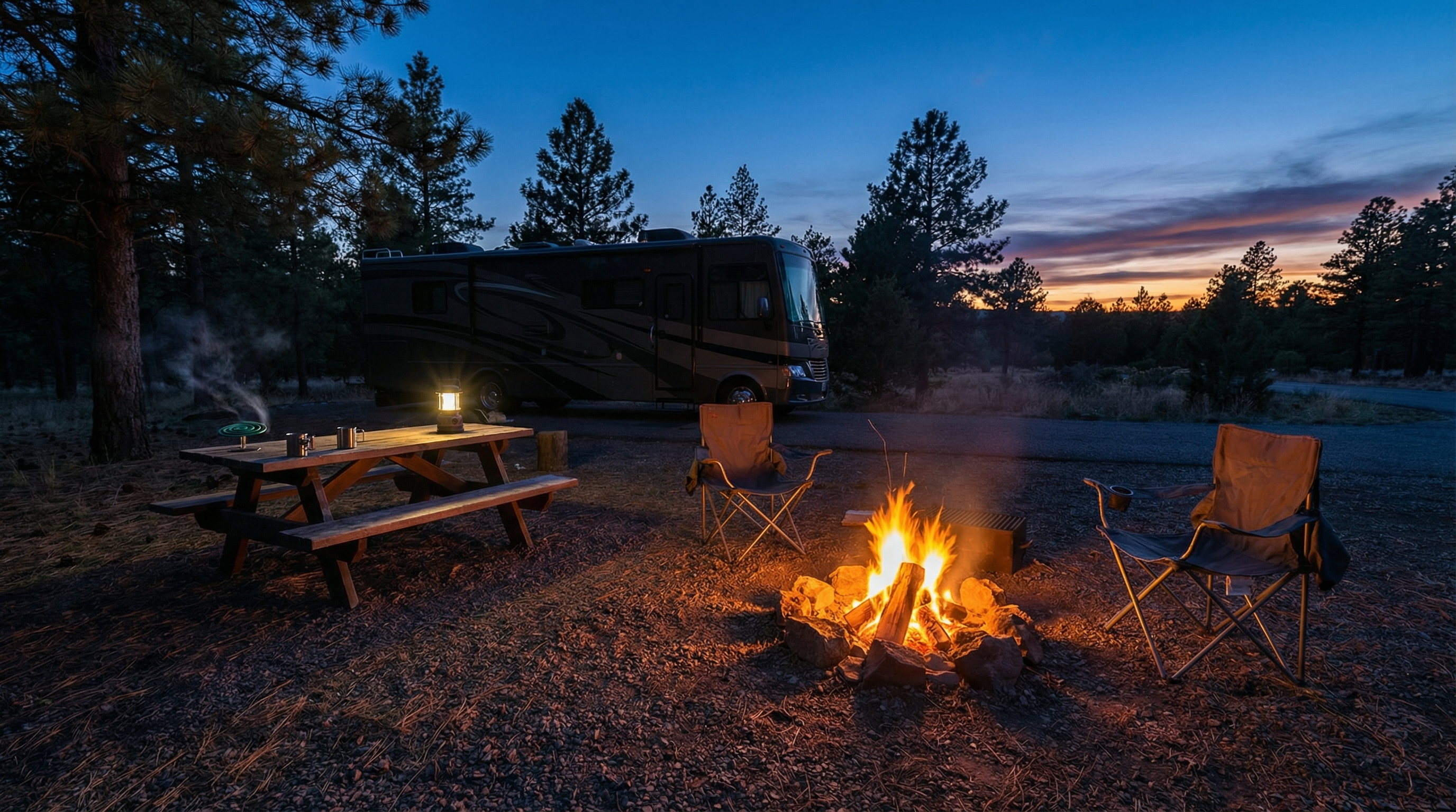 Campsite evening scene representing mosquito and fly control around a campfire