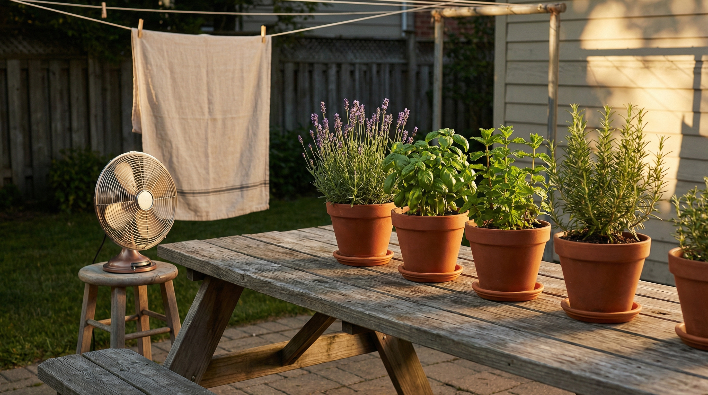 Outdoor patio or campsite setup with bug-repelling plants and airflow focus