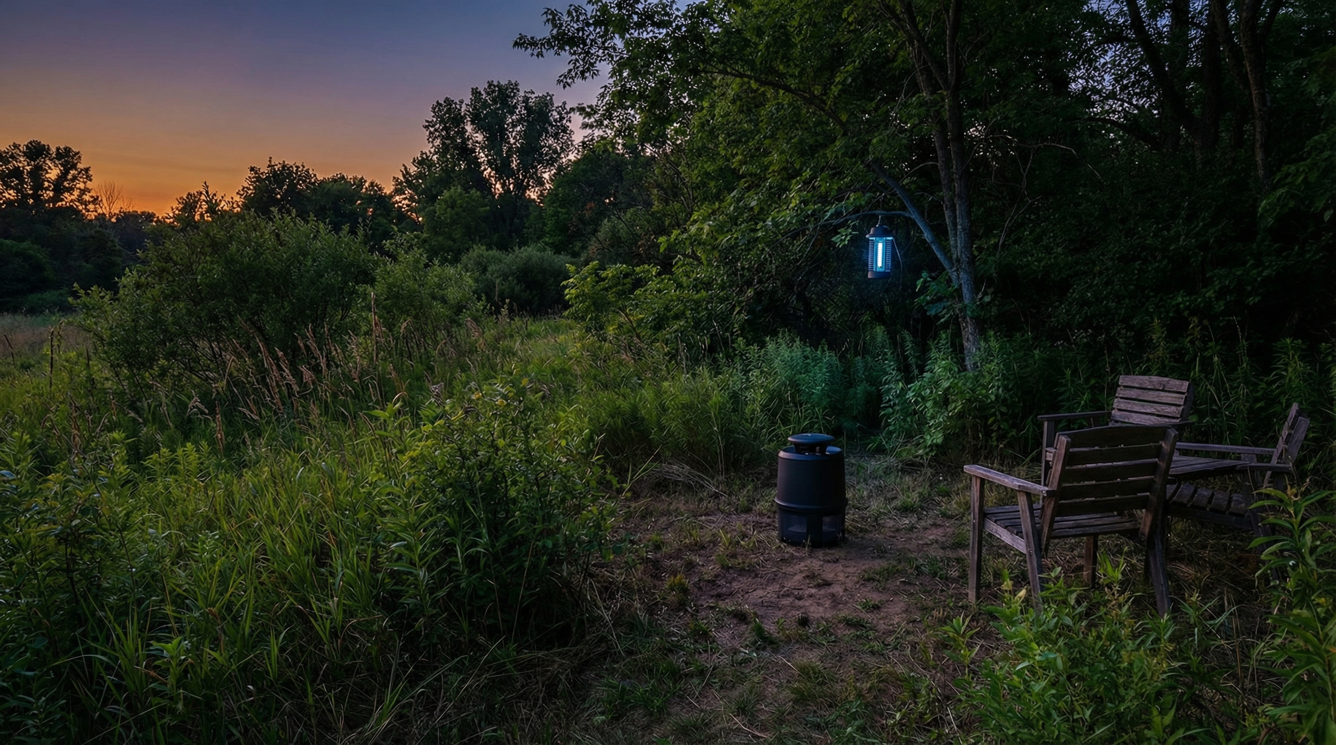 Outdoor yard scene showing a trap or zapper placed away from a seating area