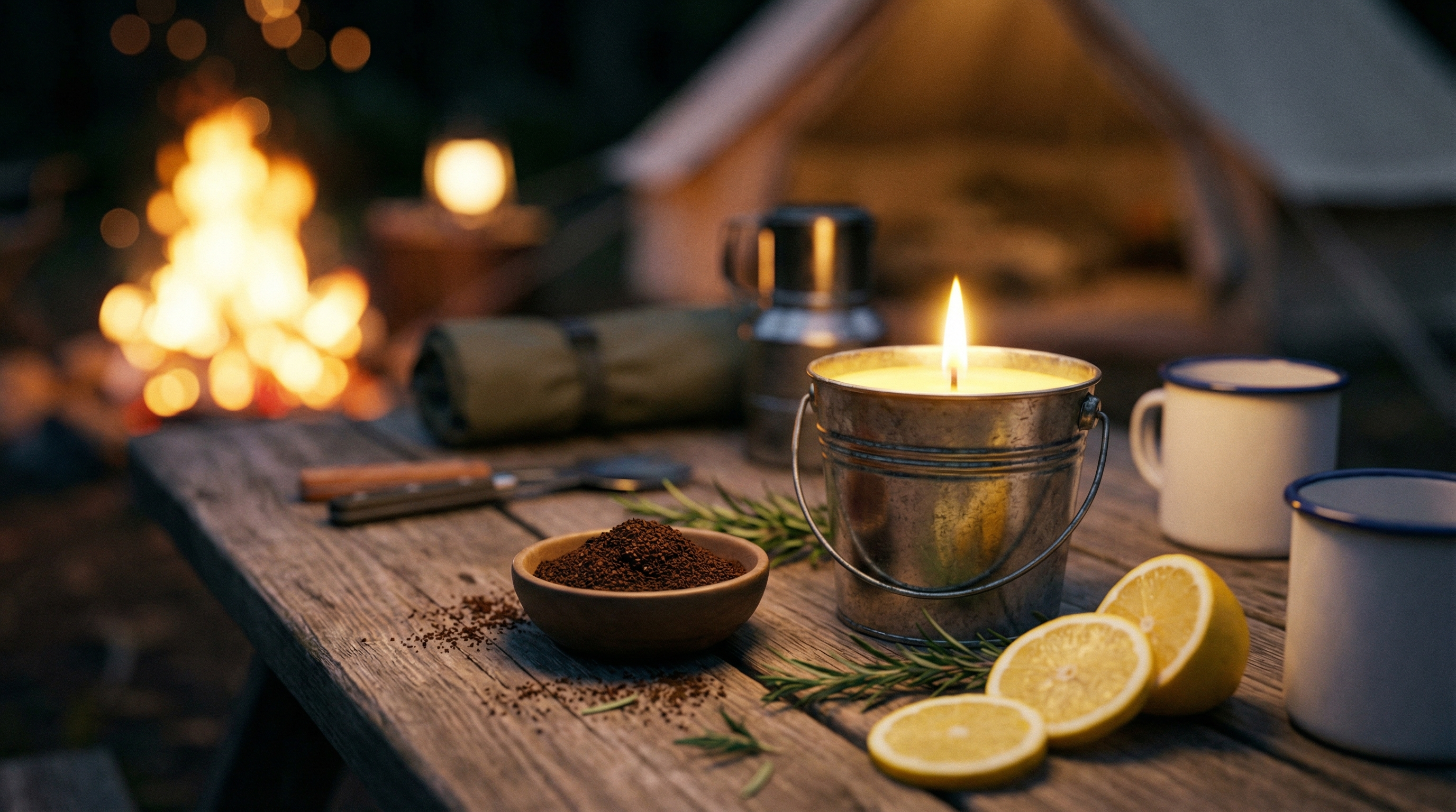 Citronella candle and natural scent items used for outdoor insect deterrence