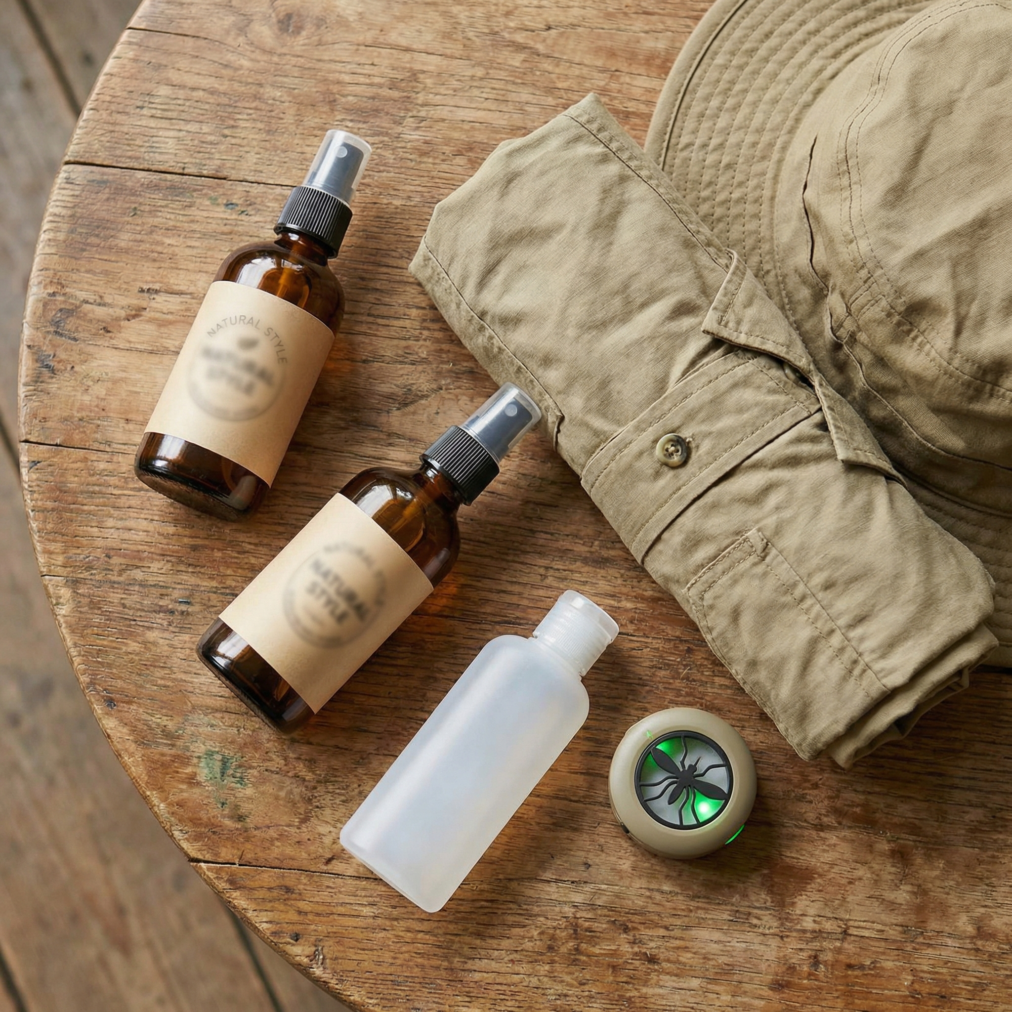 Flat lay of bug protection essentials including sprays and portable repellent device
