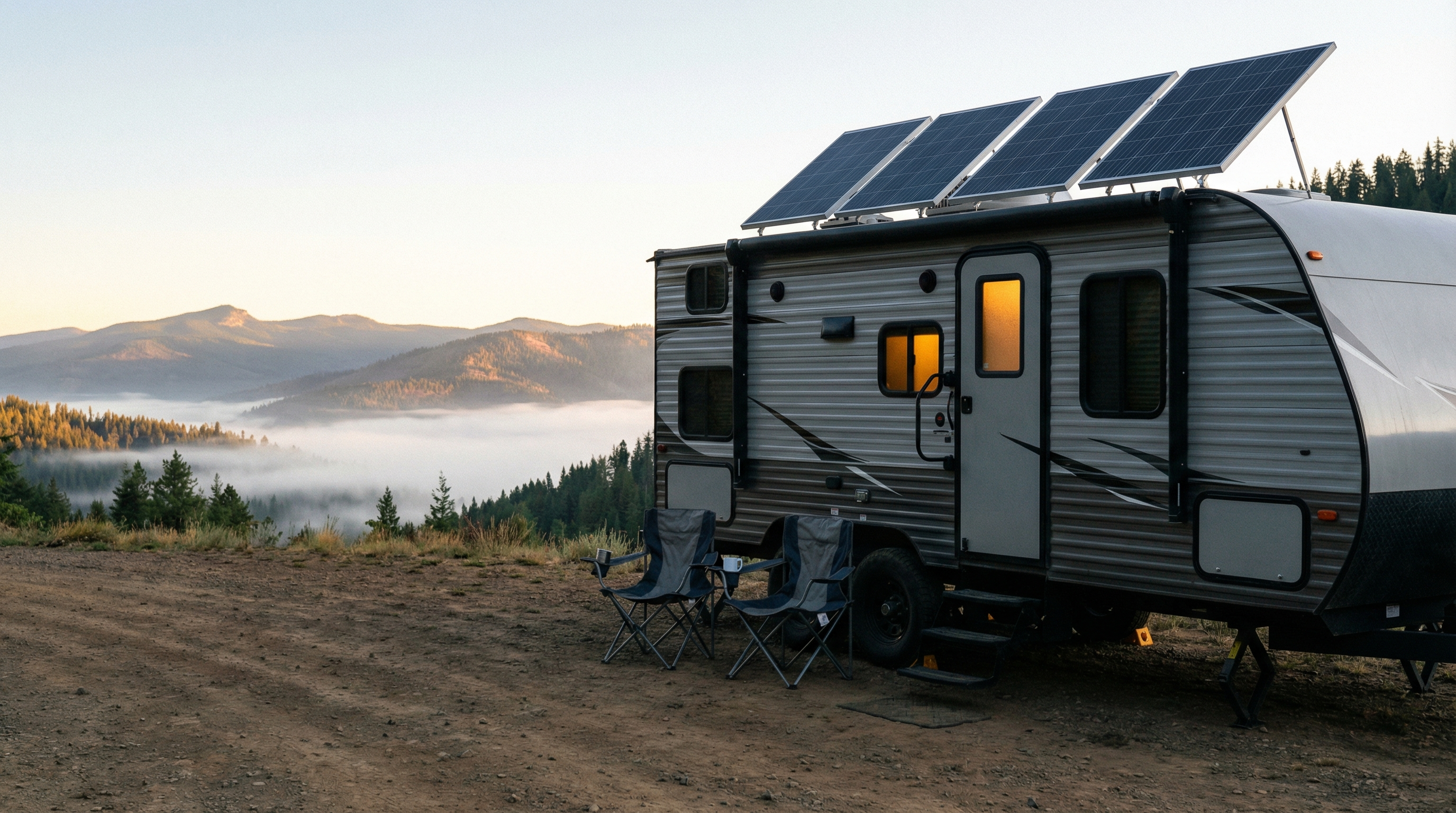 Off-grid RV campsite at sunrise with a self-sufficient setup