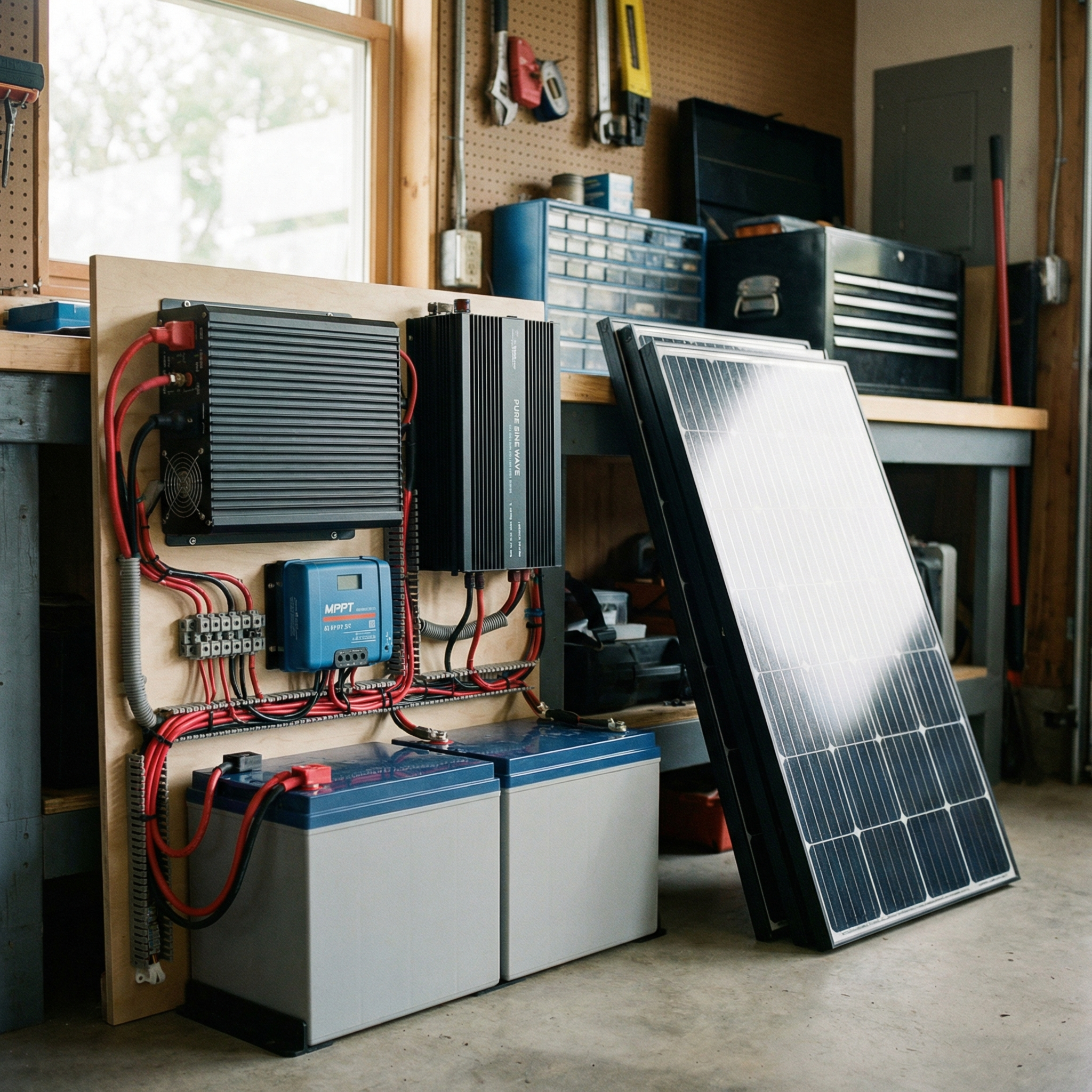 Off-grid RV power system including solar, inverter, and battery bank