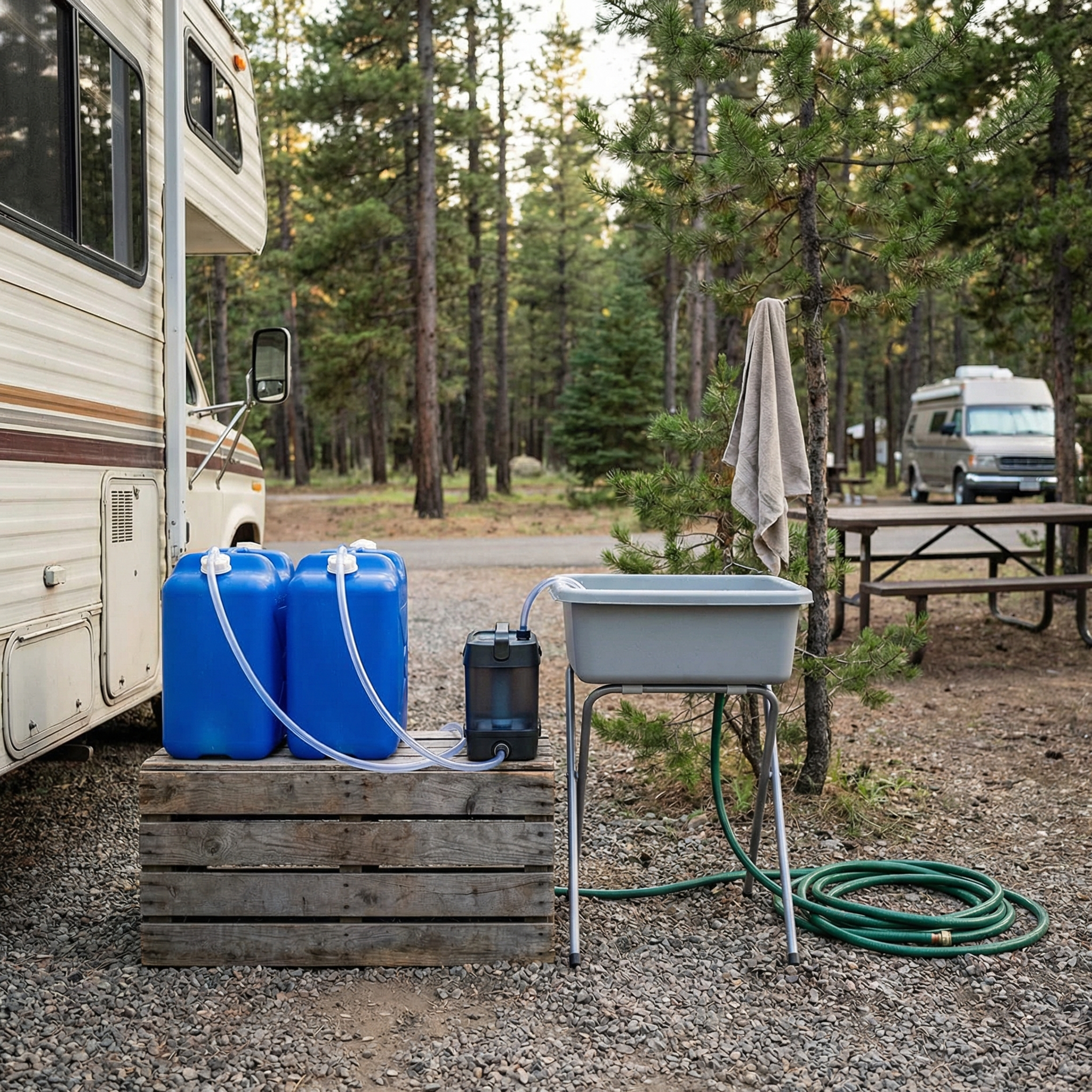 Off-grid RV water jugs and filtration setup for camping