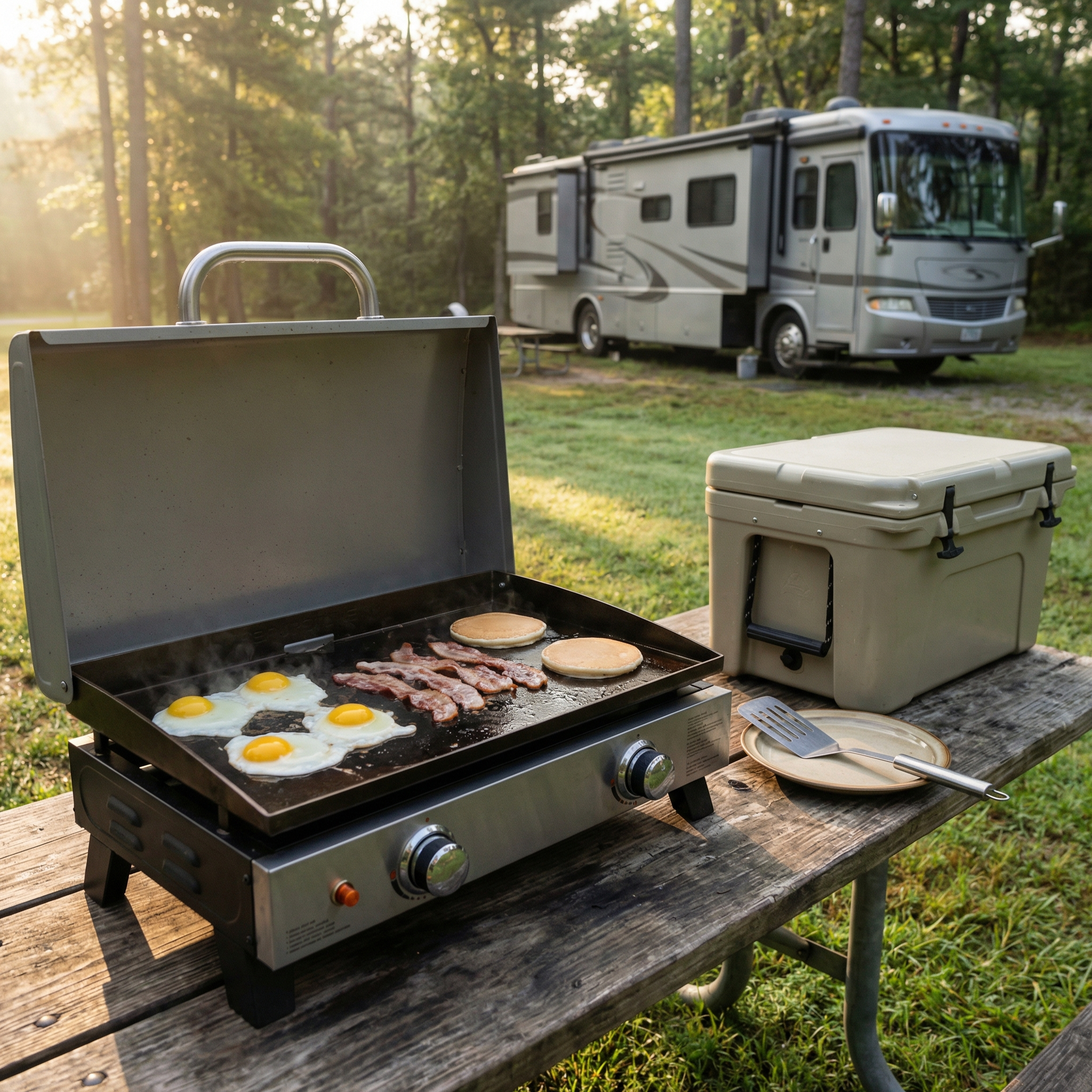 Off-grid cooking setup with portable stove or griddle near an RV campsite
