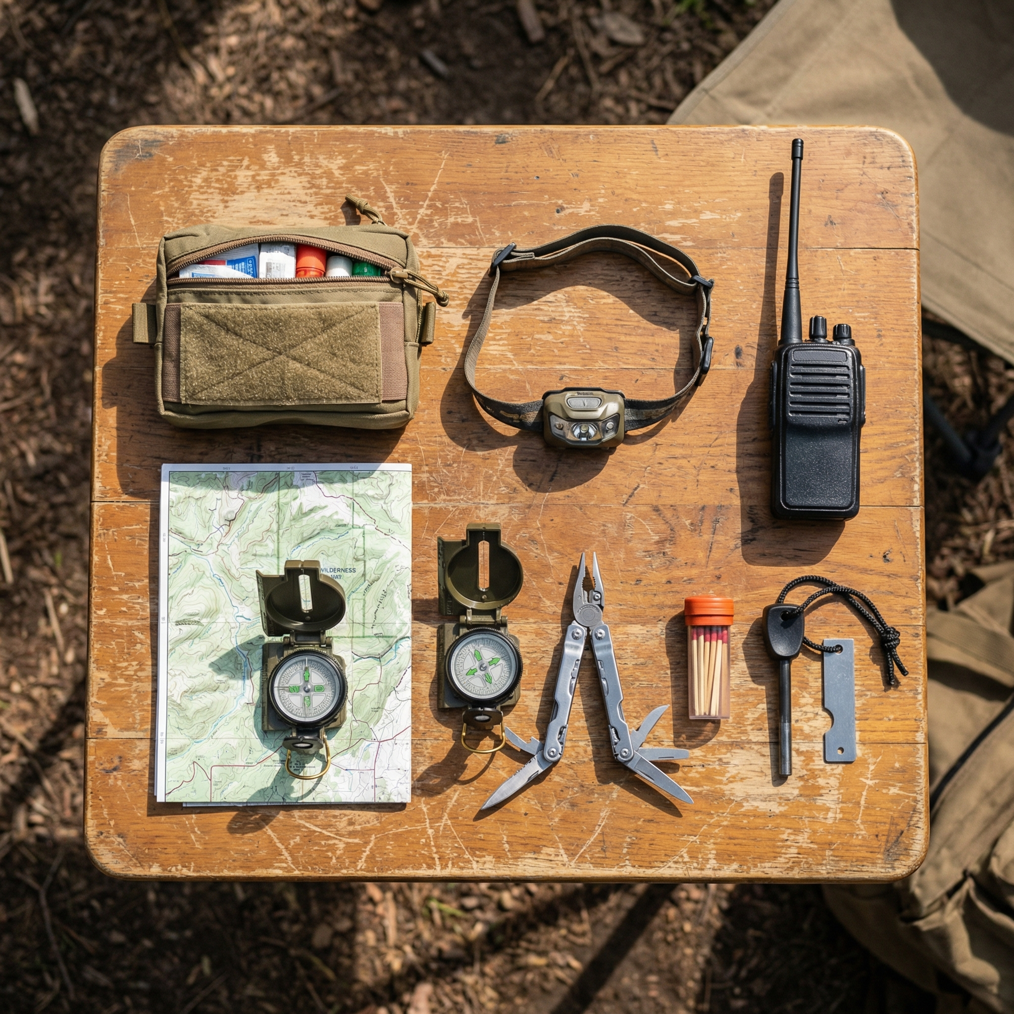 Off-grid safety and navigation essentials including first aid, headlamp, and radio