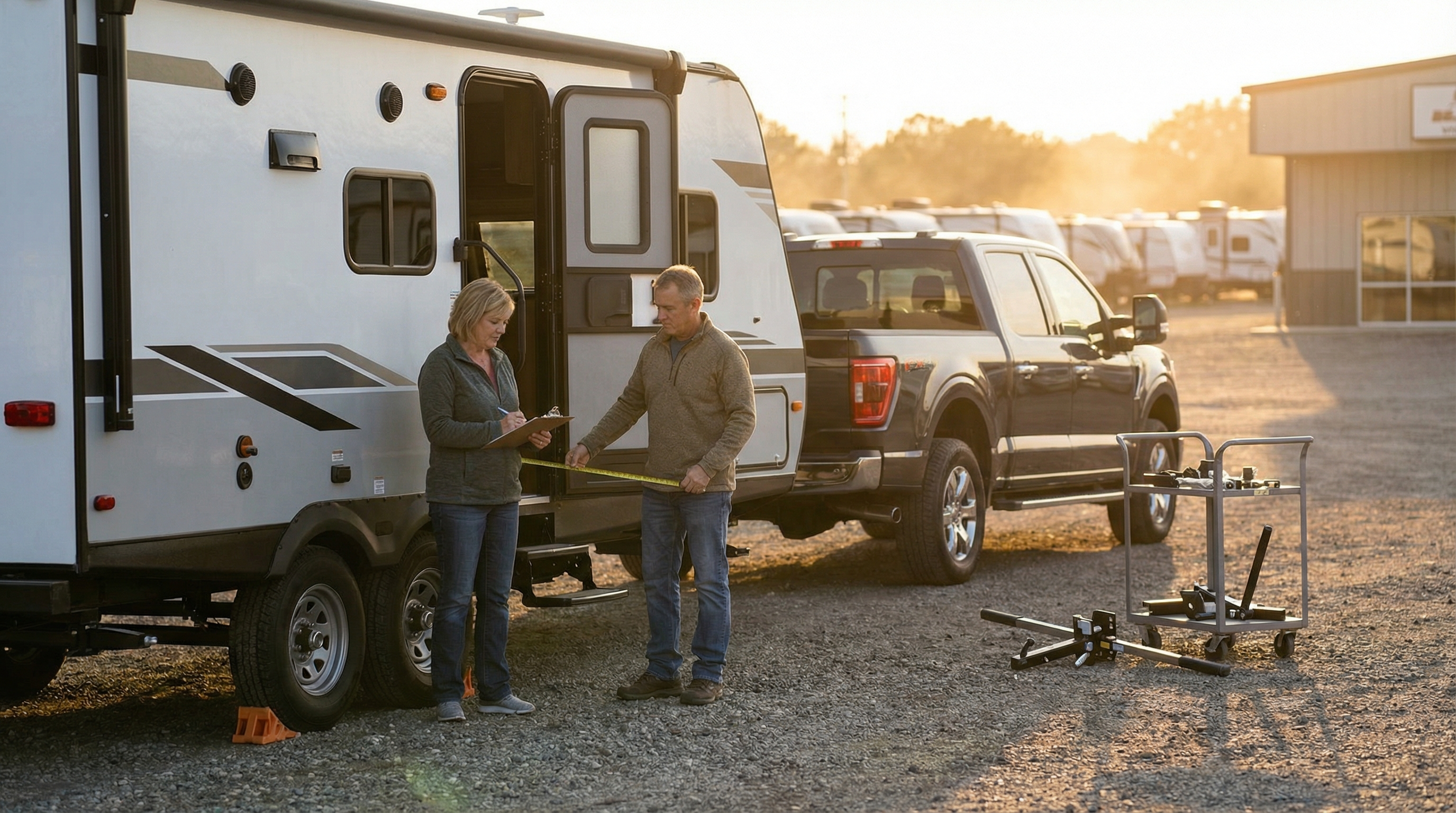 Inspecting a travel trailer before purchase at a dealership lot