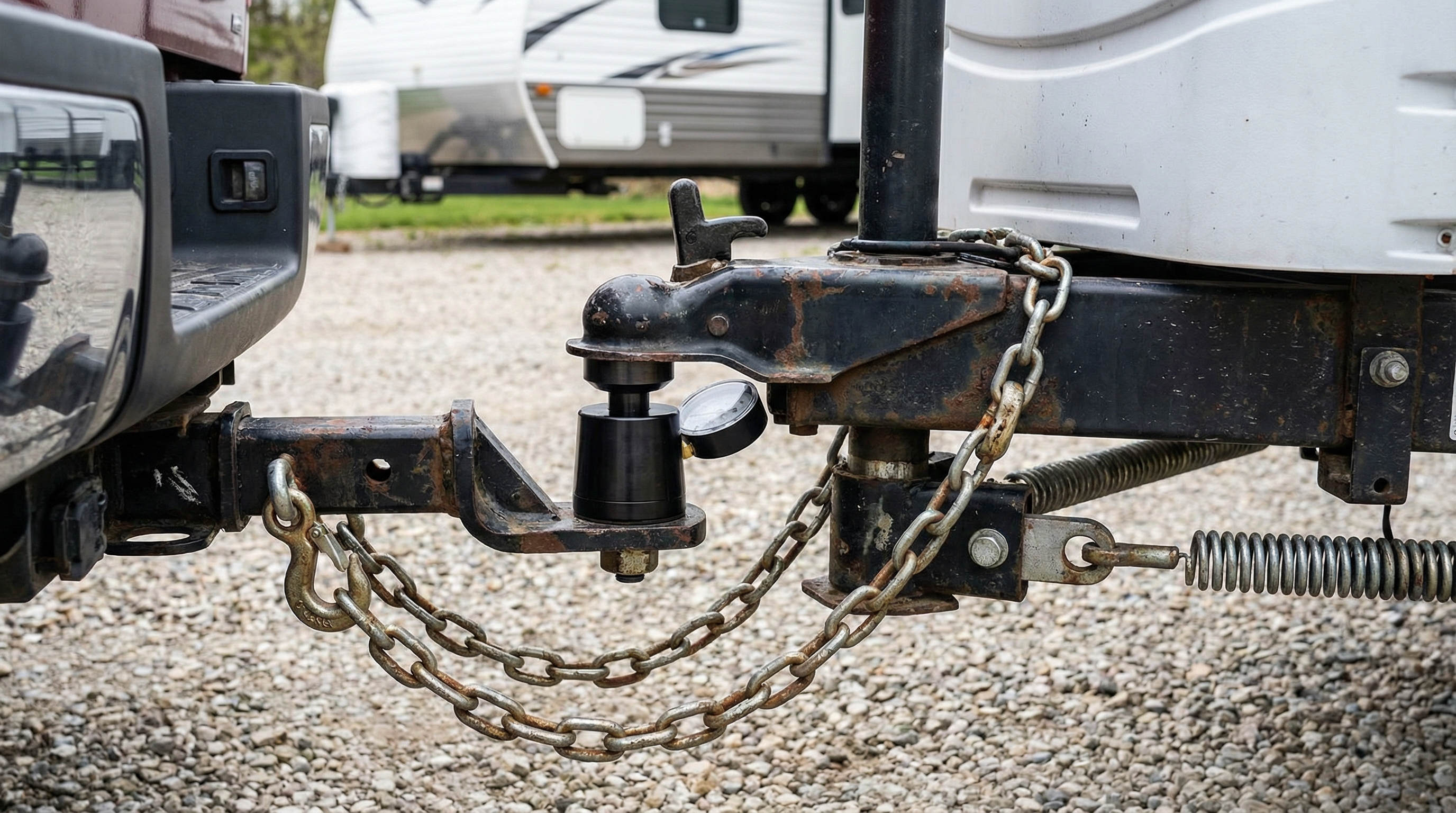 Travel trailer hitch setup showing towing considerations