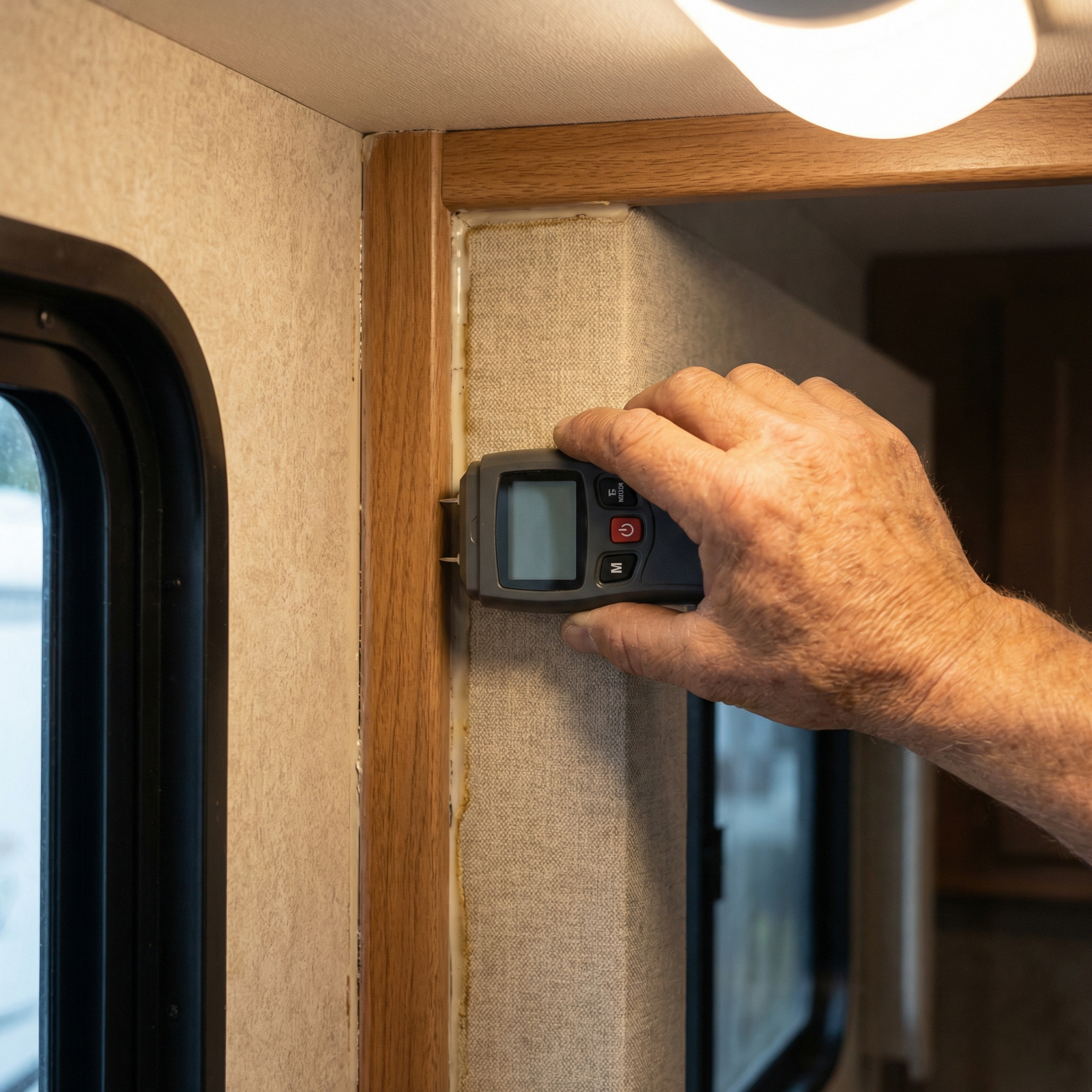 Inspecting an RV wall with a moisture meter to check for water damage