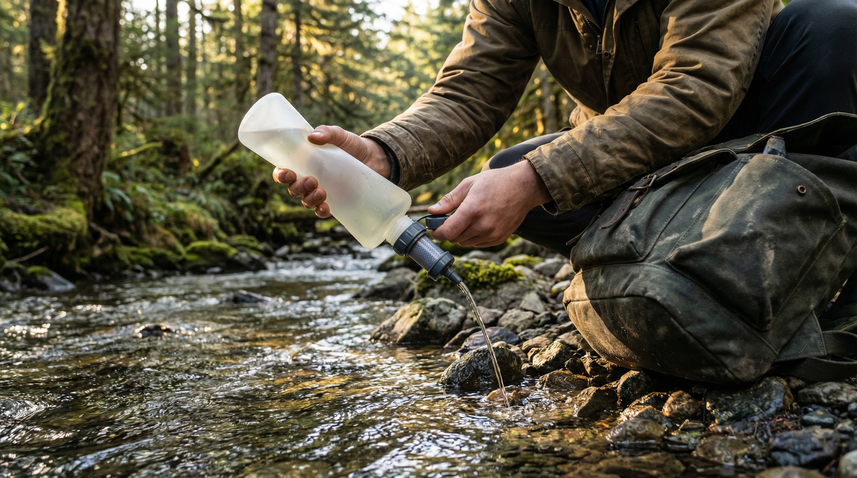 Backpacker filtering stream water with compact camping water purifier in mountain setting
