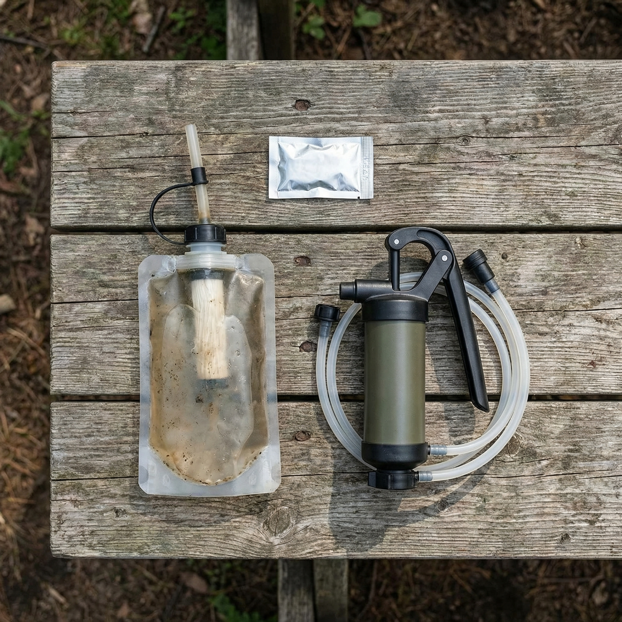Camping water filter, purifier pump, and purification tablets side by side