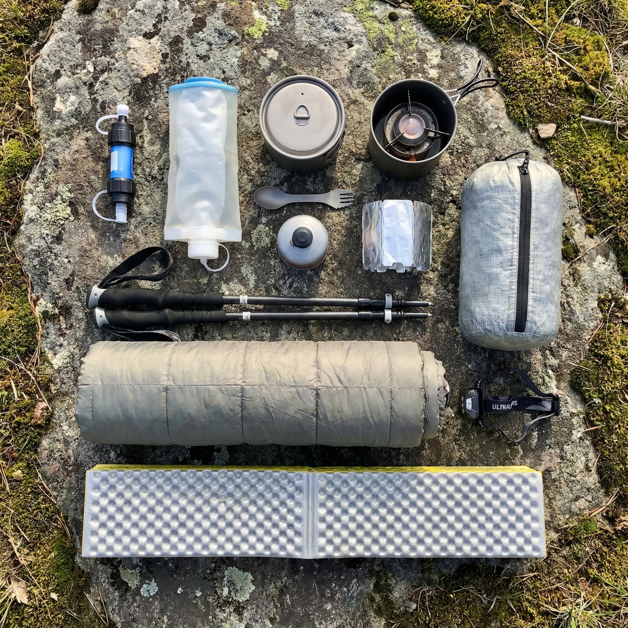Ultralight backpacking gear with compact water filter