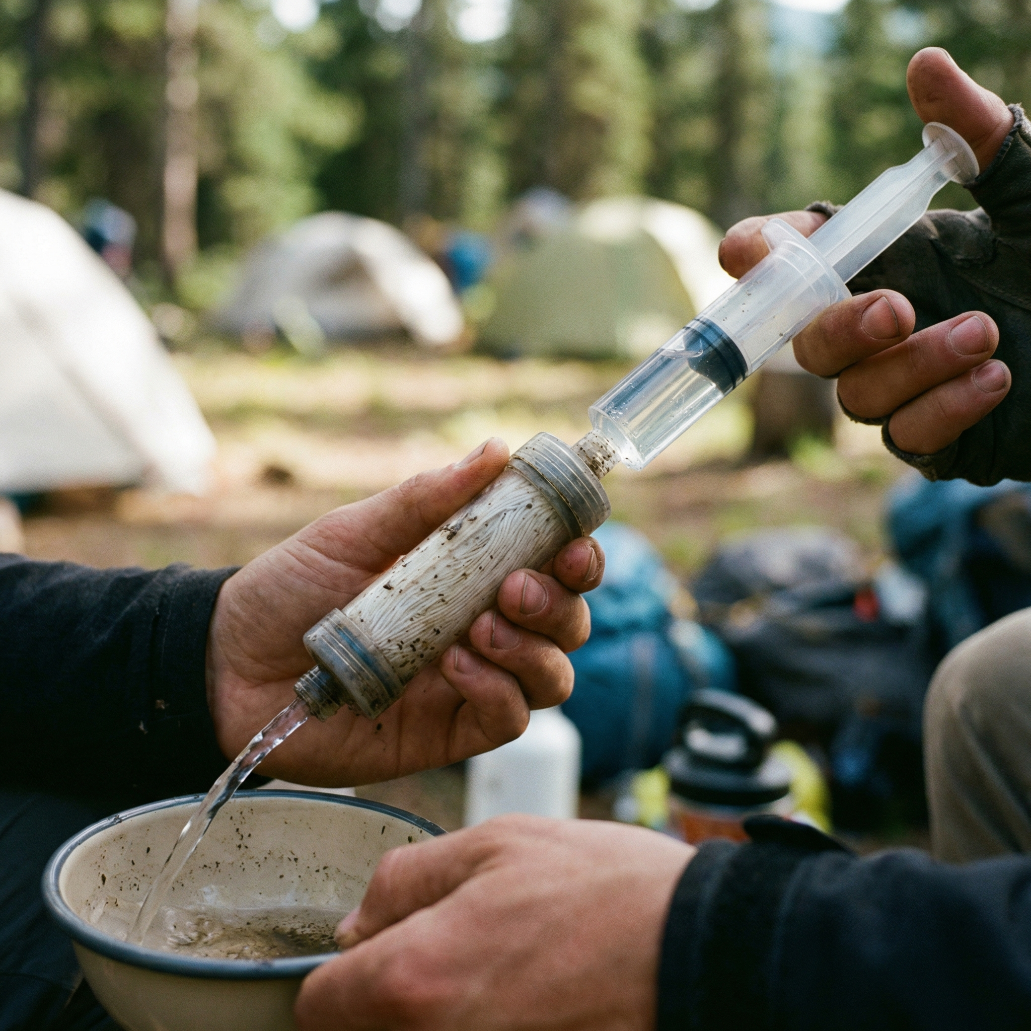 Backflushing a camping water filter with syringe