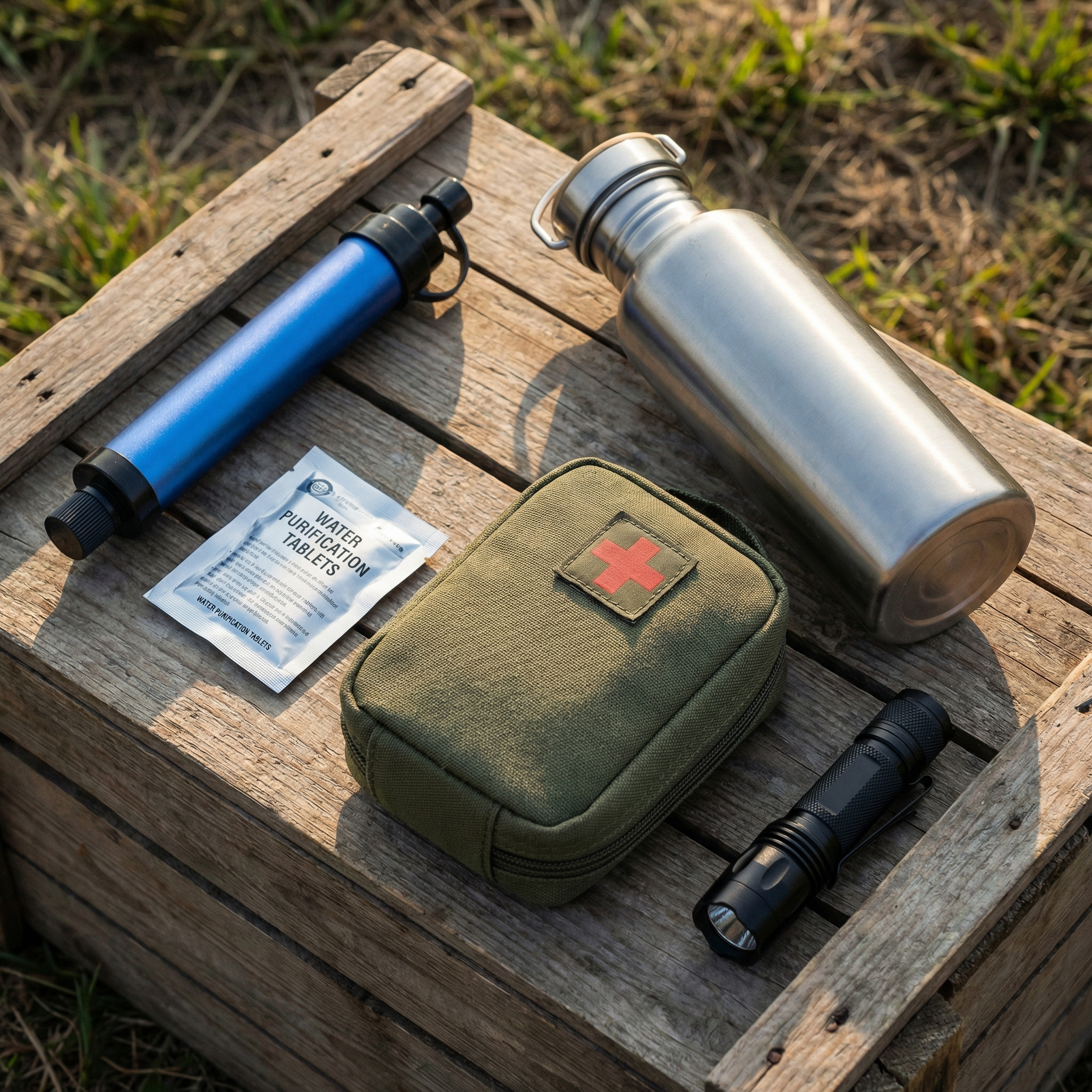 Emergency camping kit with water purification tablets and portable filter