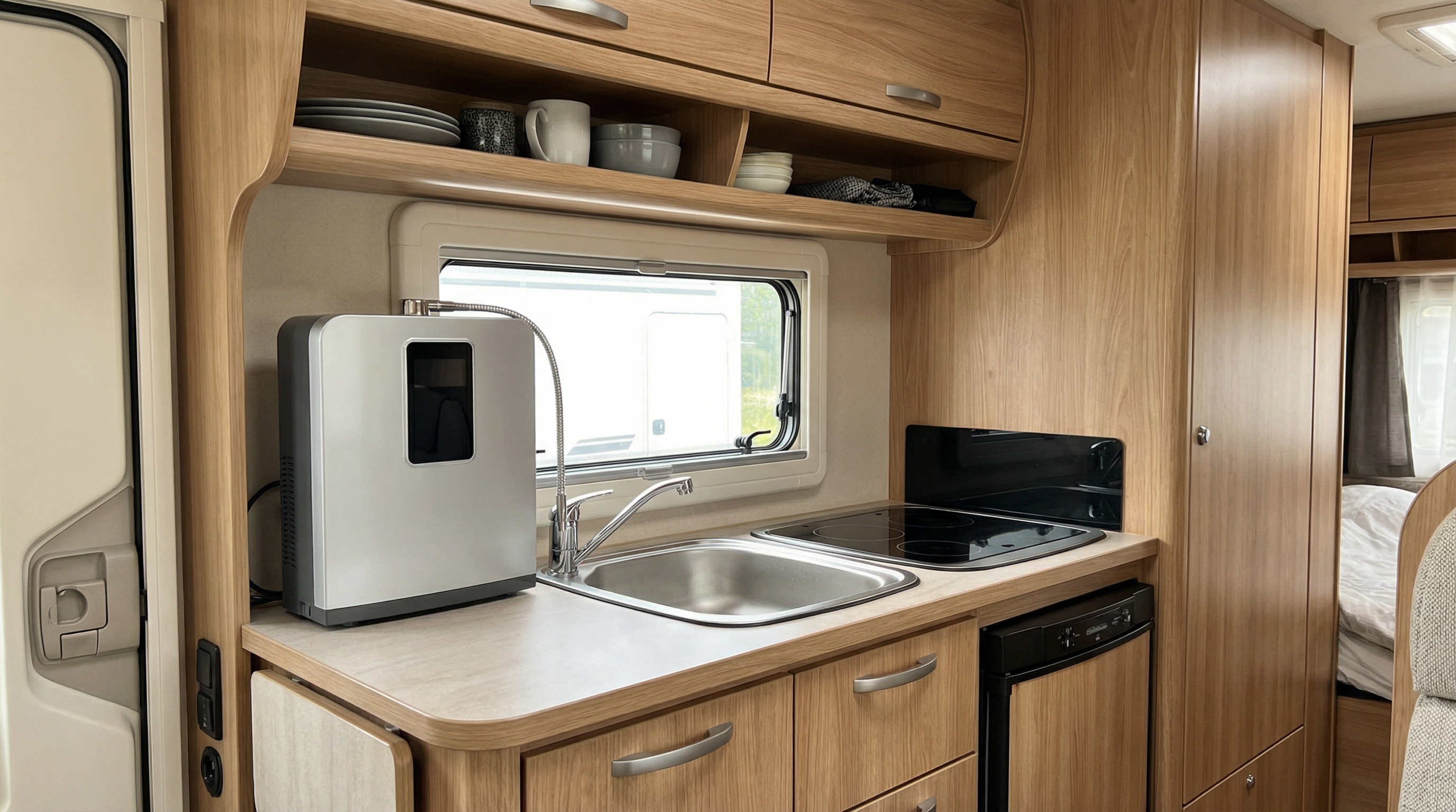 RV kitchen sink with compact countertop water ionizer system installed