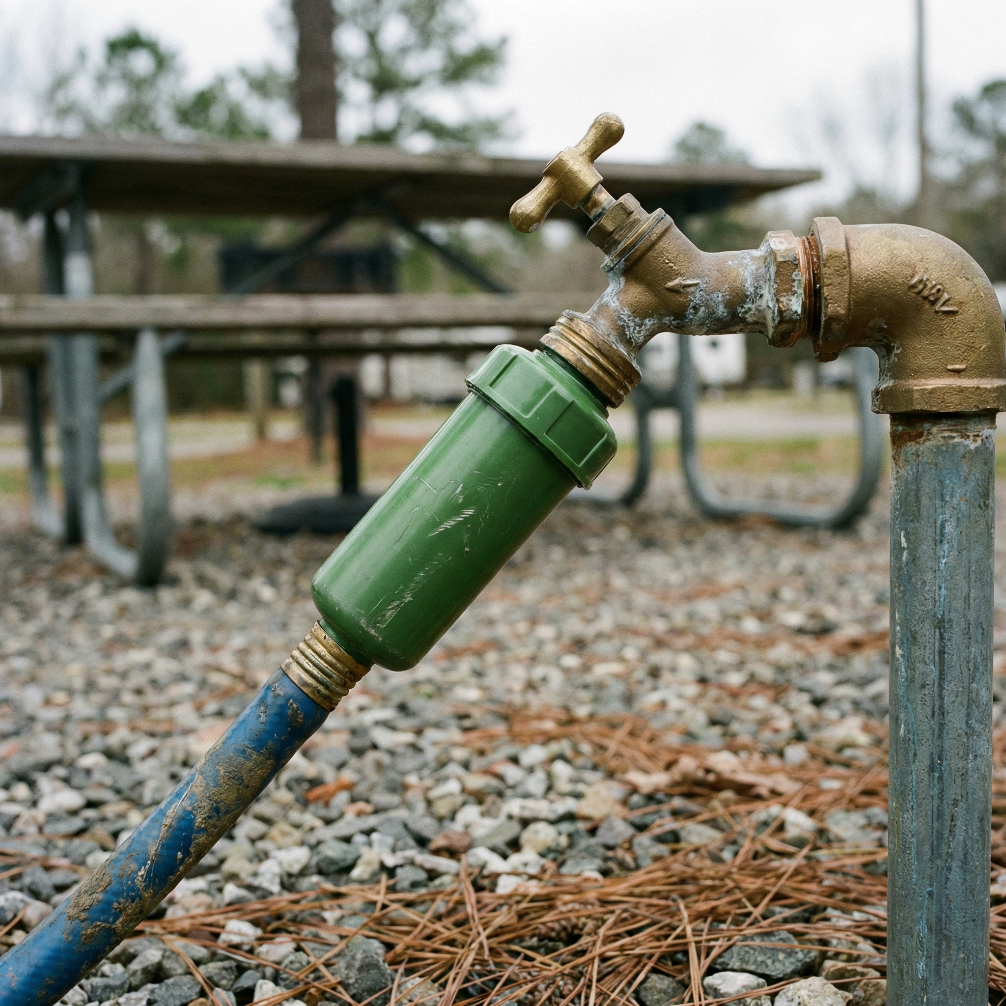 RV water hose connected to campground spigot with inline filter