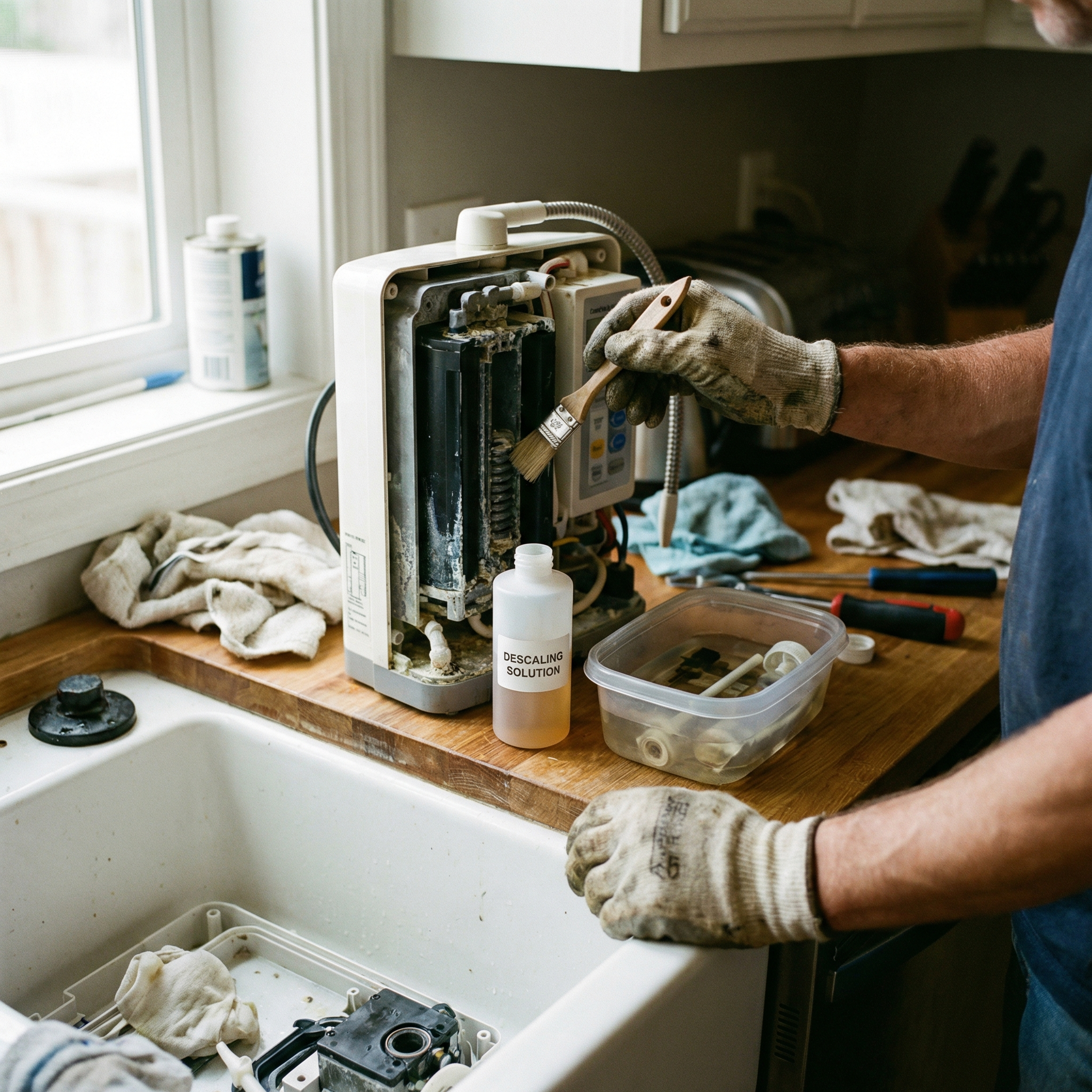 Descaling a water ionizer machine on kitchen counter