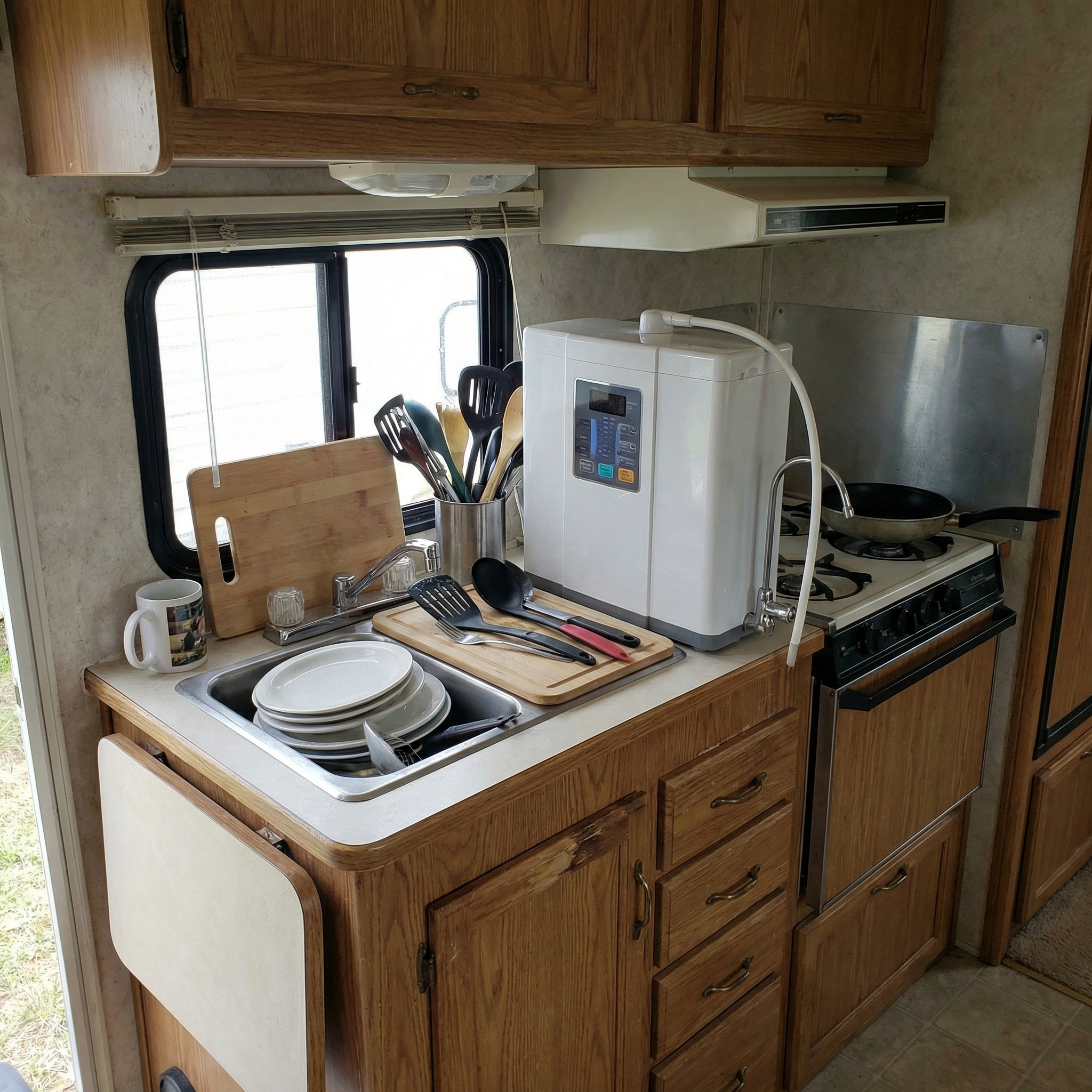 Limited RV countertop space with water ionizer taking up room