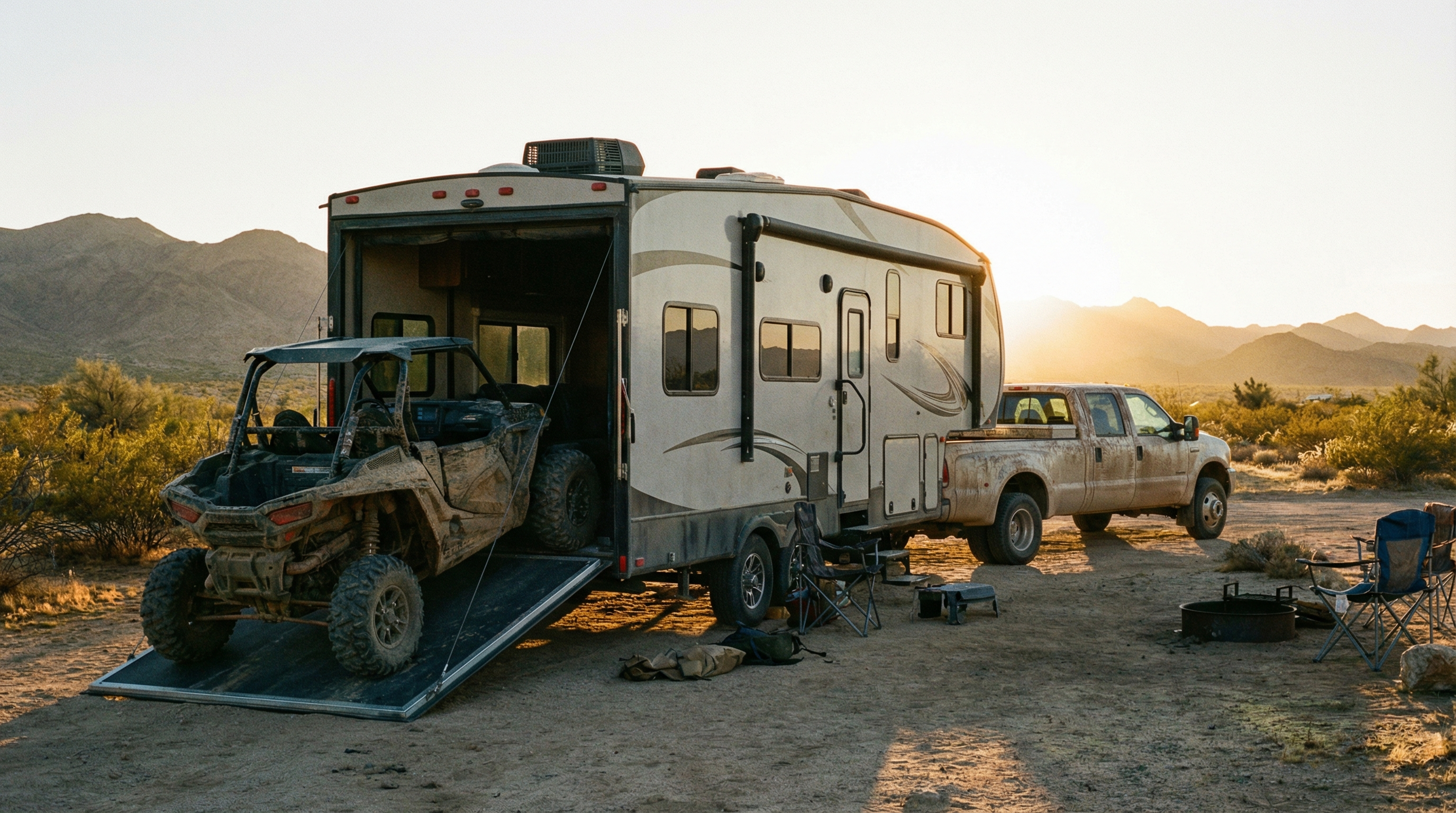 Fifth wheel toy hauler with rear garage ramp door open at campsite