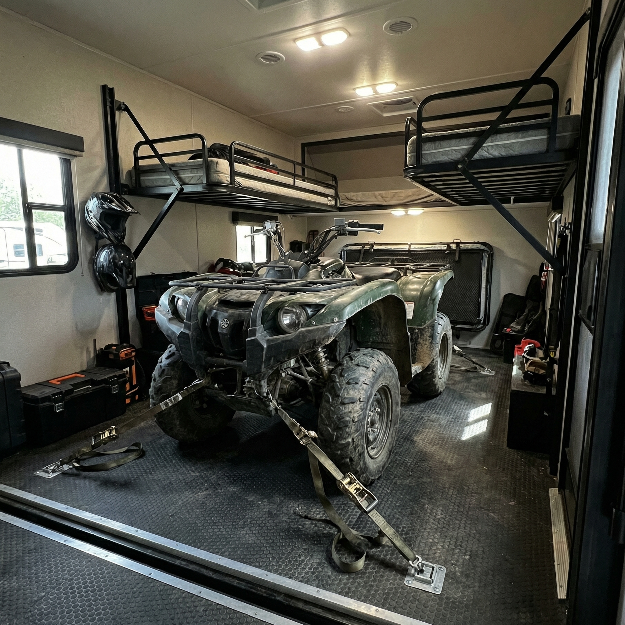 ATV loaded inside toy hauler garage with tie-down anchors visible
