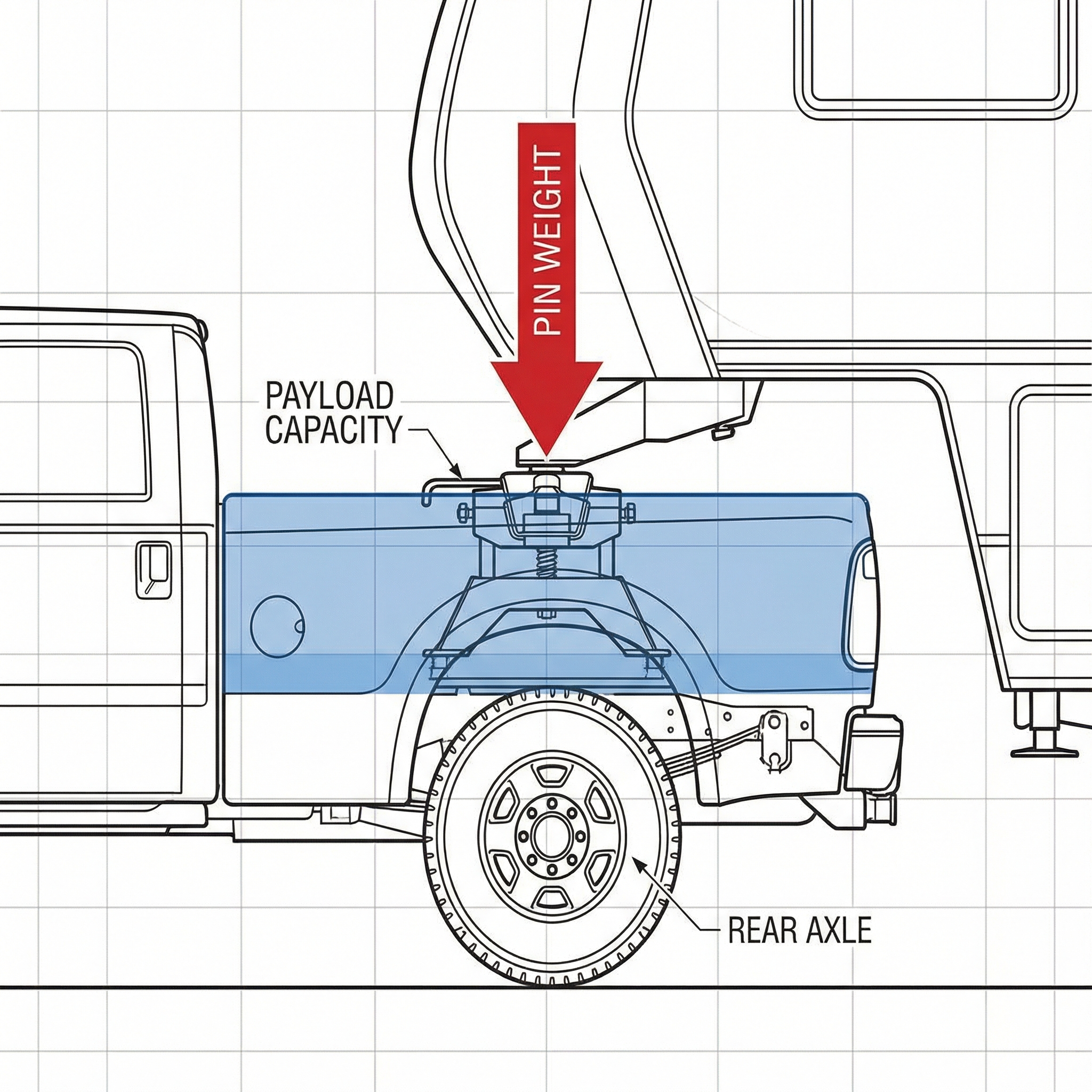 Diagram explaining fifth wheel pin weight and truck payload limits