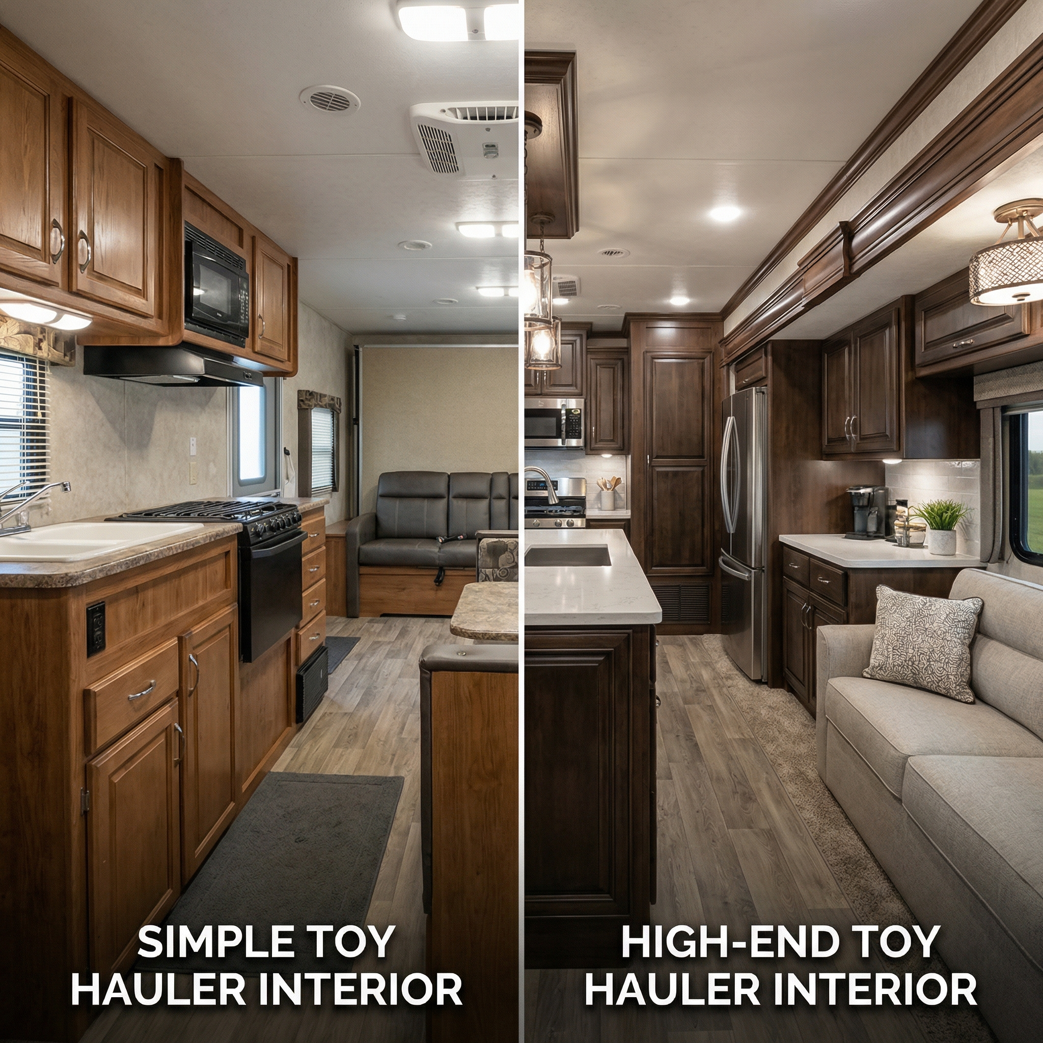 Side-by-side comparison of budget and luxury toy hauler interiors
