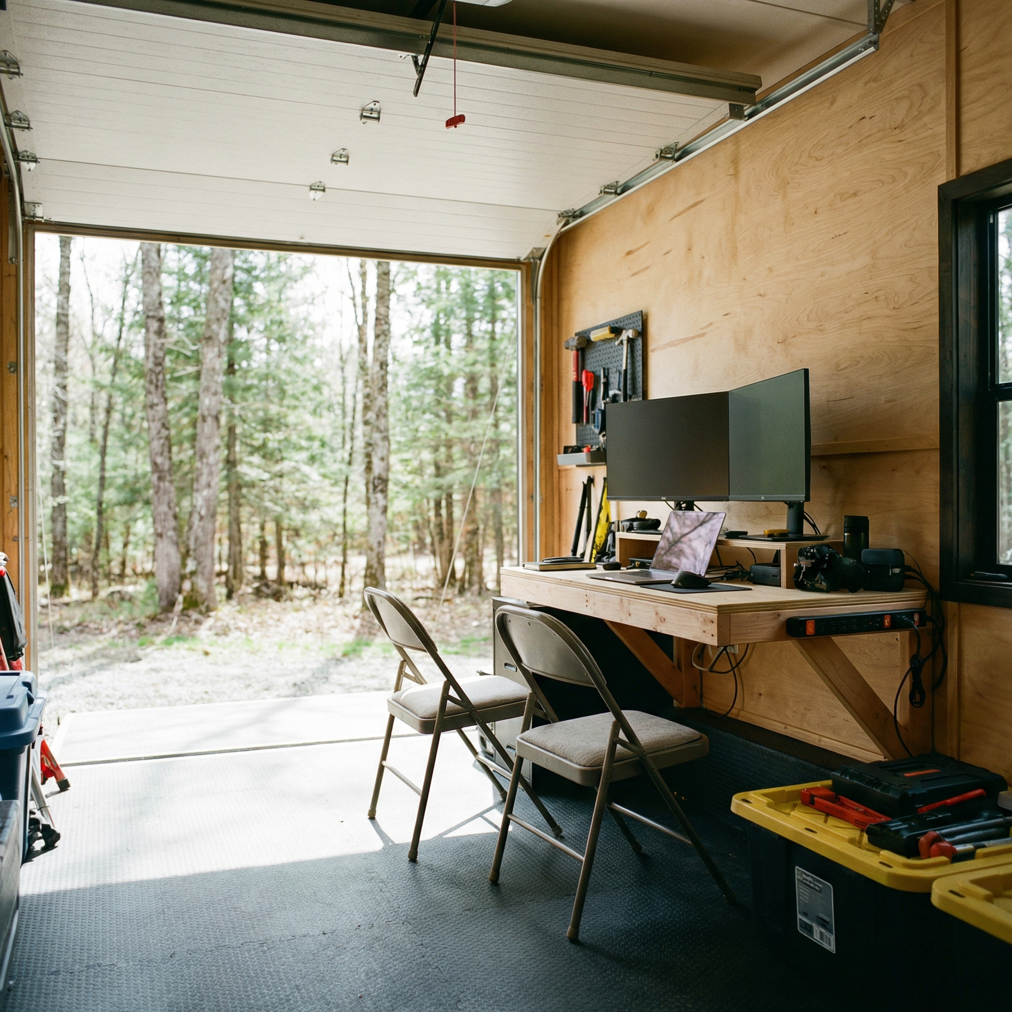 Toy hauler garage converted into a mobile office setup