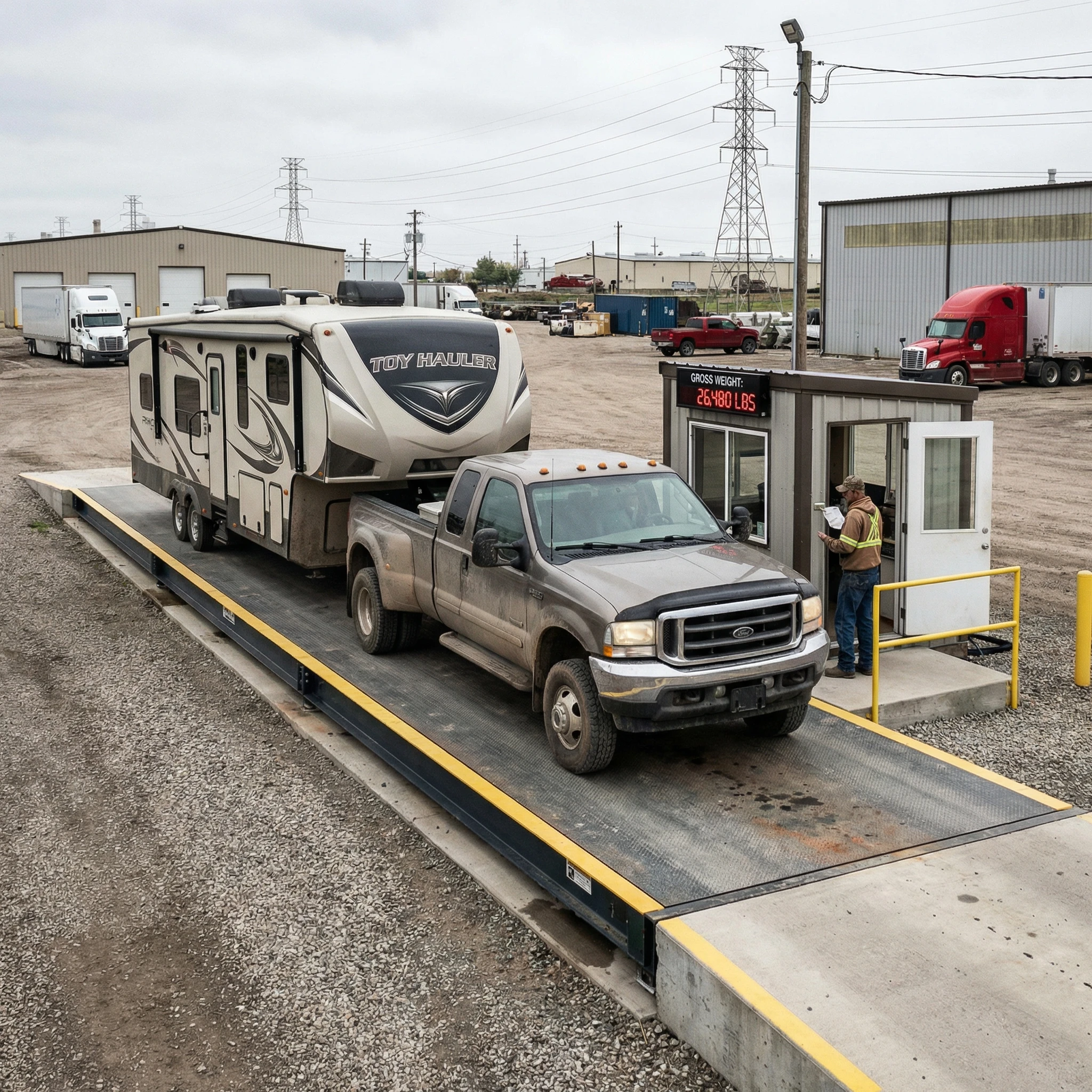 Truck and trailer on a public weigh scale for real-world towing weight check
