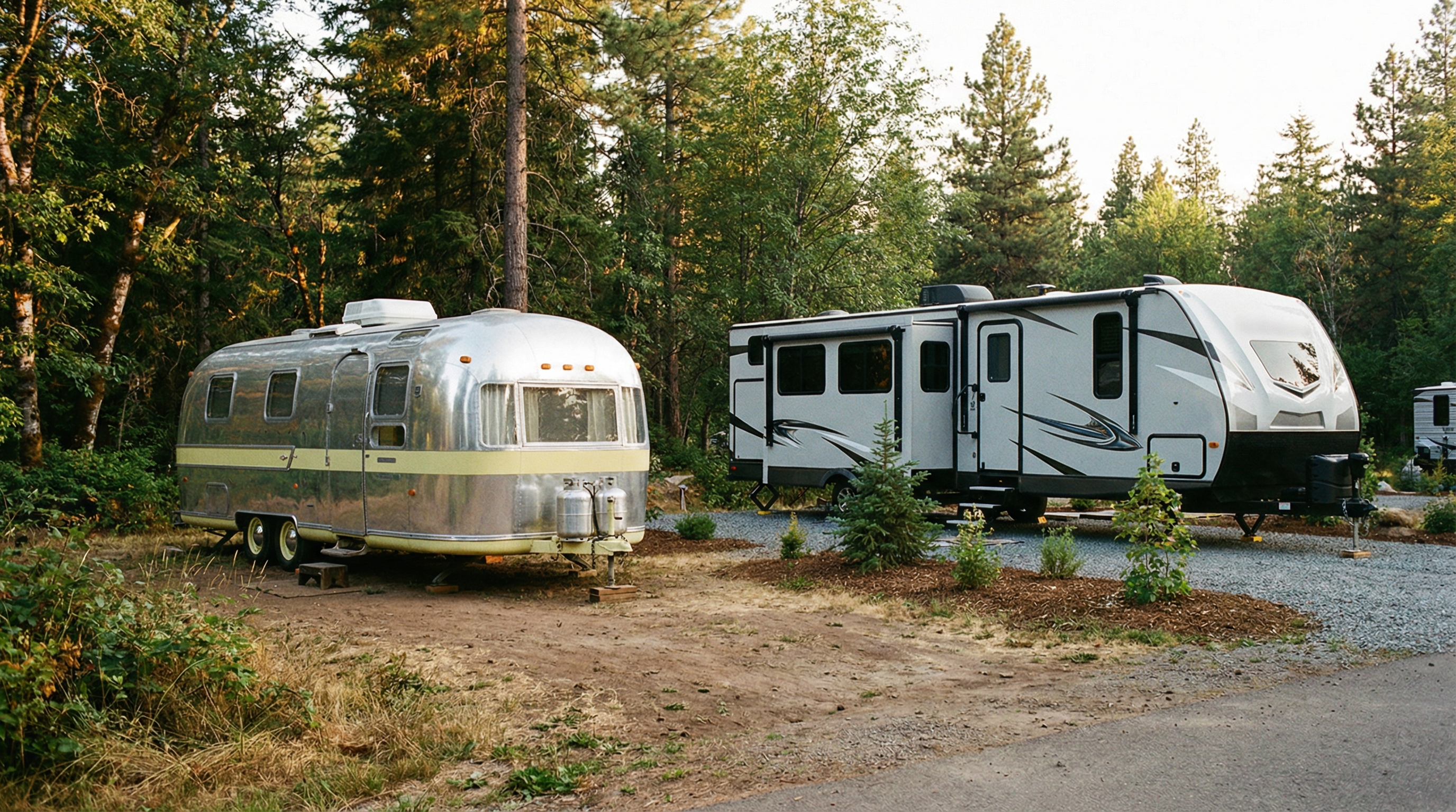 Vintage and modern bumper pull travel trailers side by side at campground