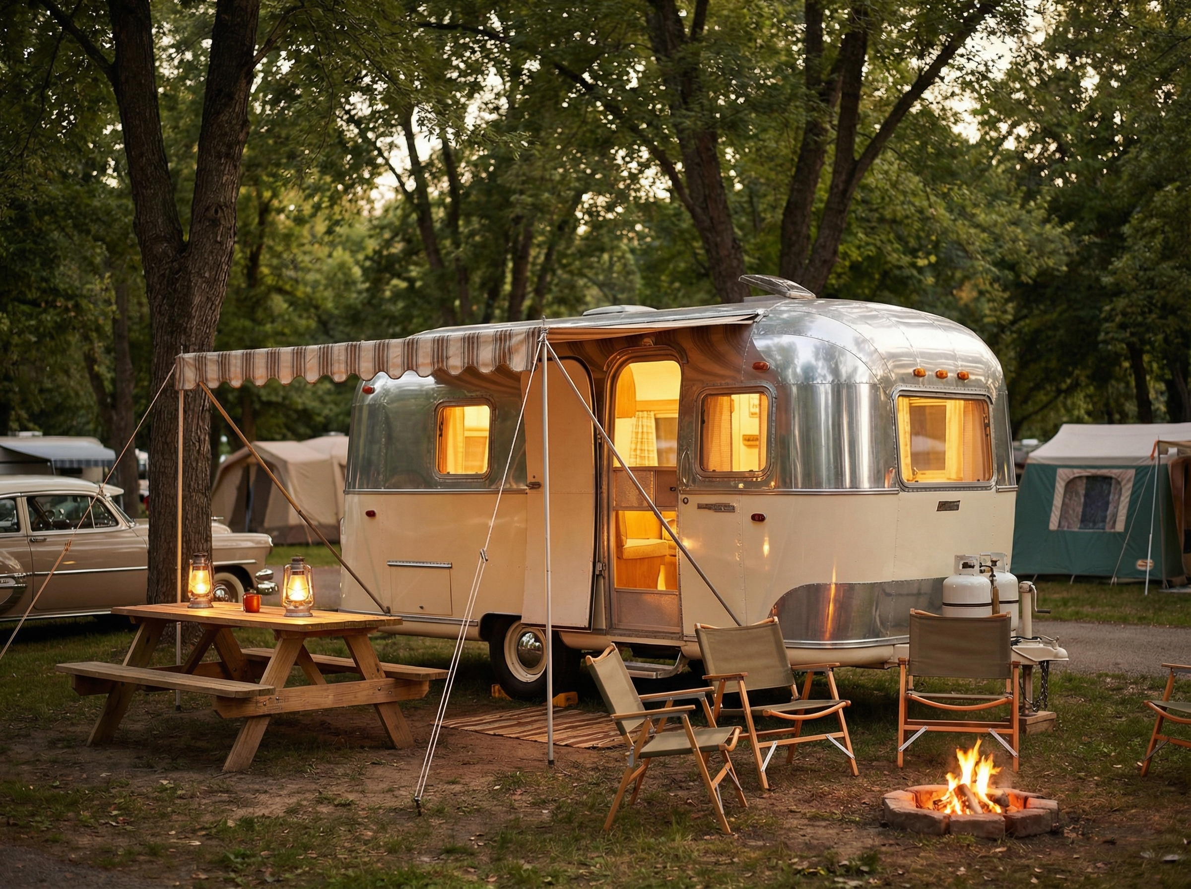 1960s canned ham travel trailer at campsite