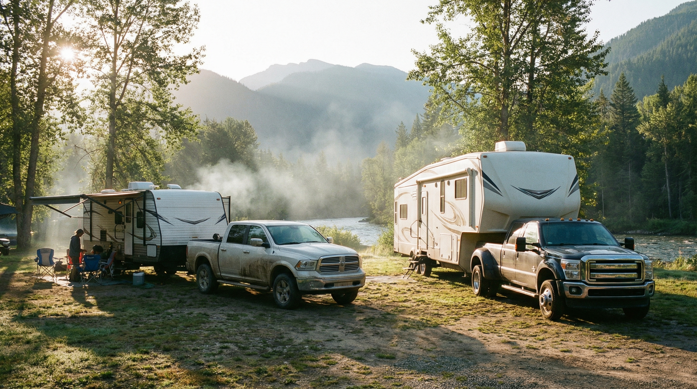 Half-ton pickup and heavy-duty dually towing RV trailers at a campground