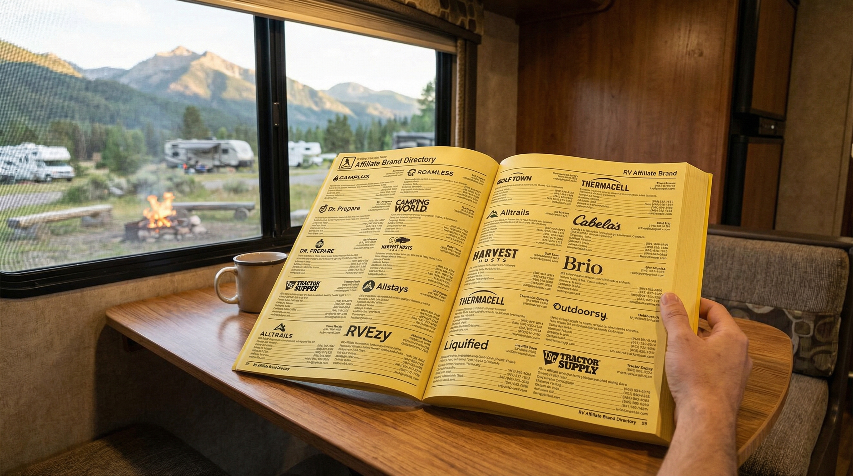 Open RV affiliate brand directory book on dinette table with campground view outside the window